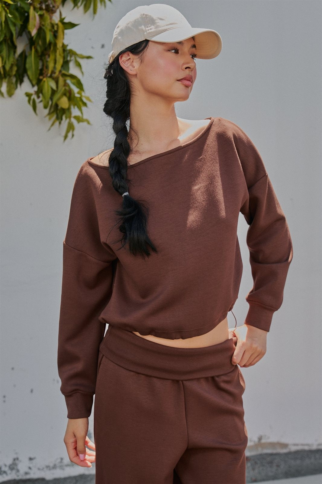Scuba Knit Boat Neck Drawstring Hem Top in Chocolate - Women's Sweatshirts & Hoodies | Urban Daizy