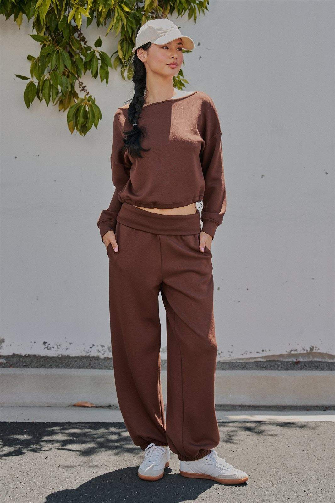 Scuba Knit Boat Neck Drawstring Hem Top in Chocolate - Women's Sweatshirts & Hoodies | Urban Daizy