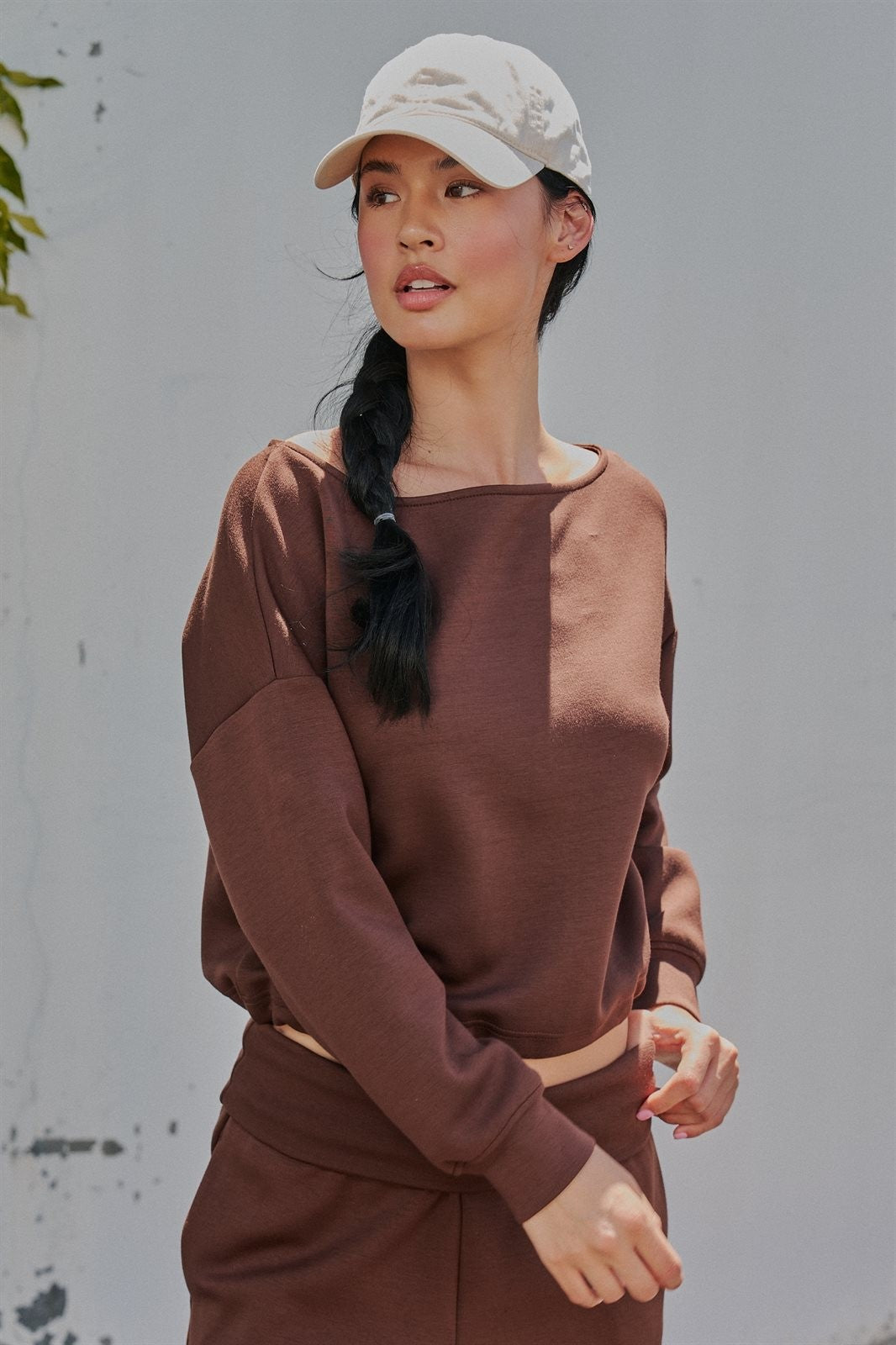 Scuba Knit Boat Neck Drawstring Hem Top in Chocolate - Women's Sweatshirts & Hoodies | Urban Daizy