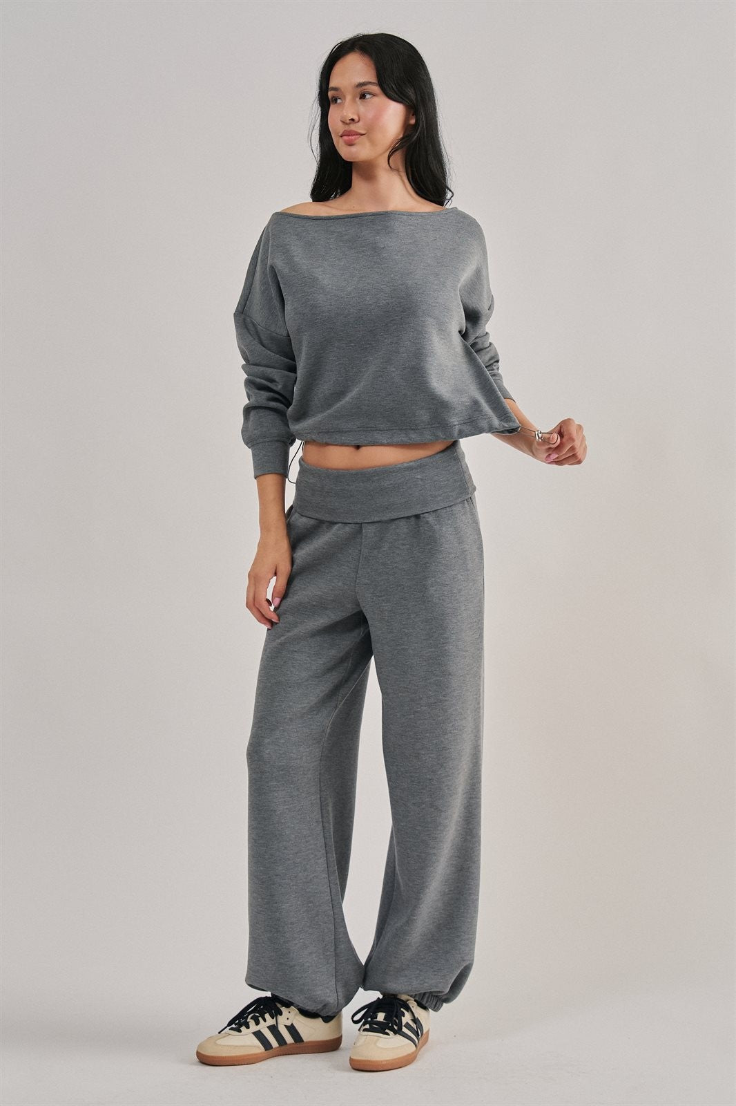 Scuba Knit Boat Neck Drawstring Hem Top in Dk H Grey - Women's Sweatshirts & Hoodies | Urban Daizy