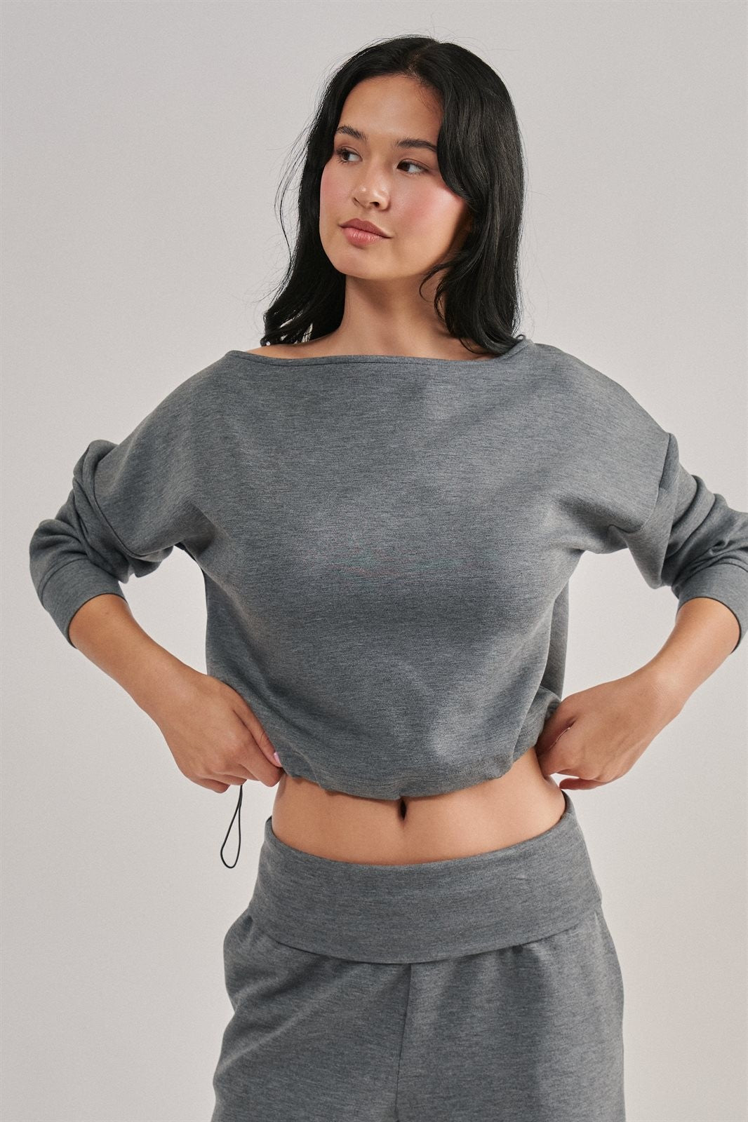 Scuba Knit Boat Neck Drawstring Hem Top in Dk H Grey - Women's Sweatshirts & Hoodies | Urban Daizy