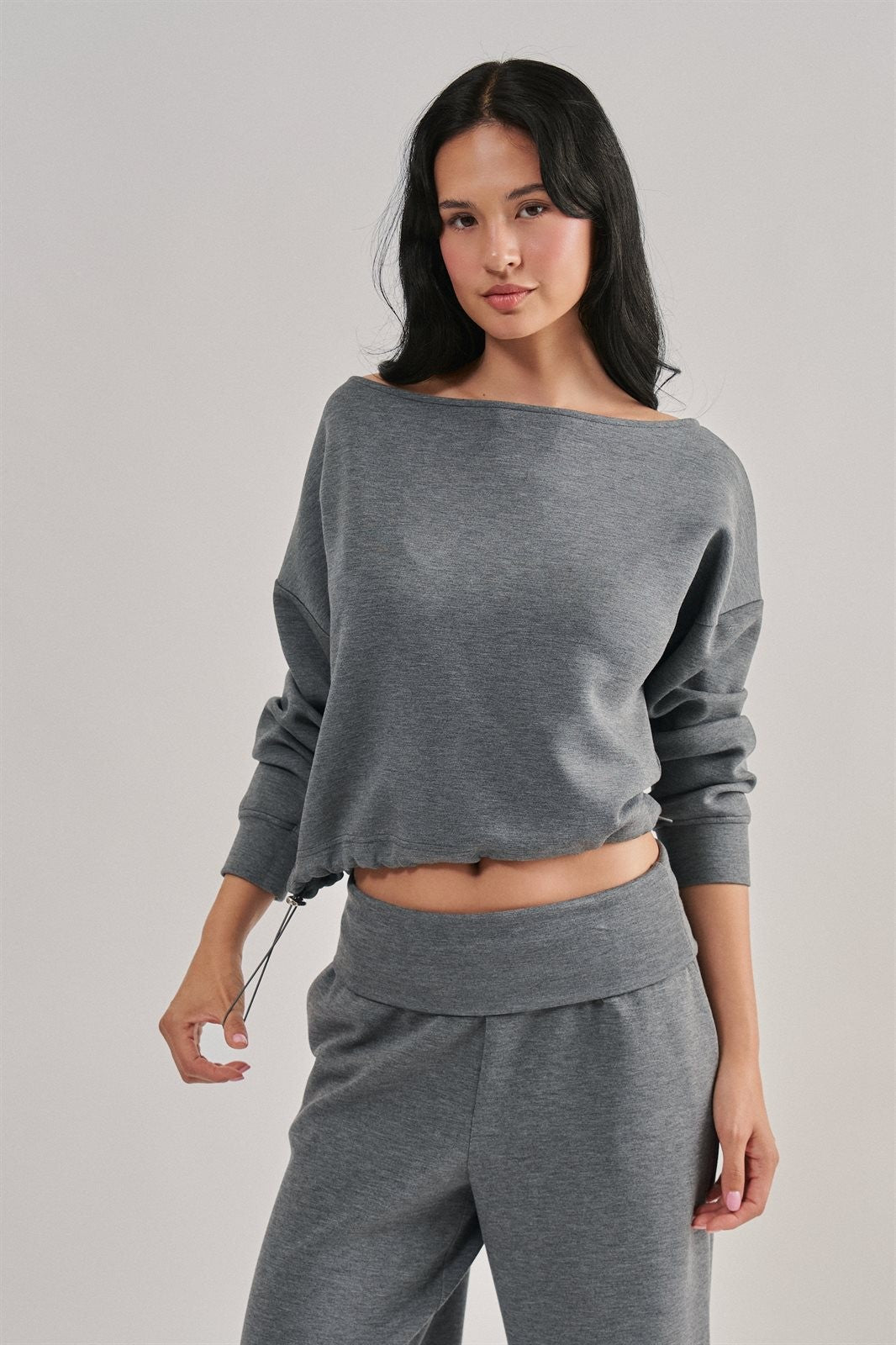 Scuba Knit Boat Neck Drawstring Hem Top in Dk H Grey - Women's Sweatshirts & Hoodies | Urban Daizy