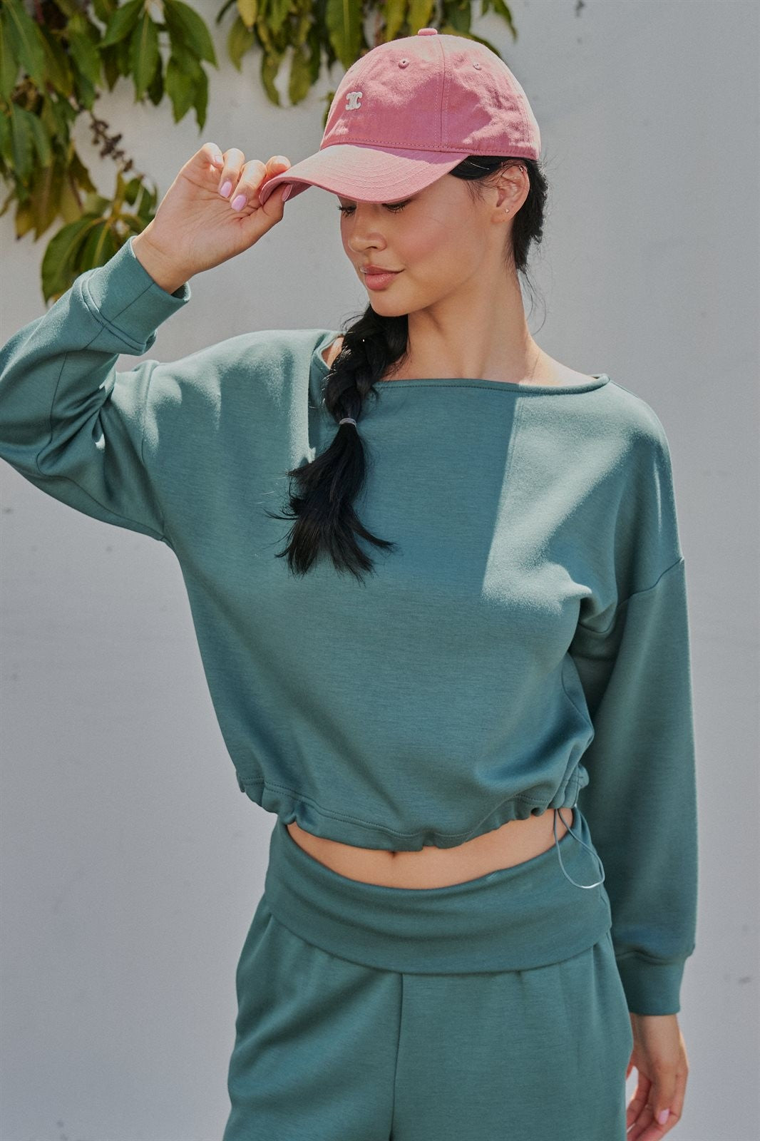 Scuba Knit Boat Neck Drawstring Hem Top in Teal Green - Women's Sweatshirts & Hoodies | Urban Daizy