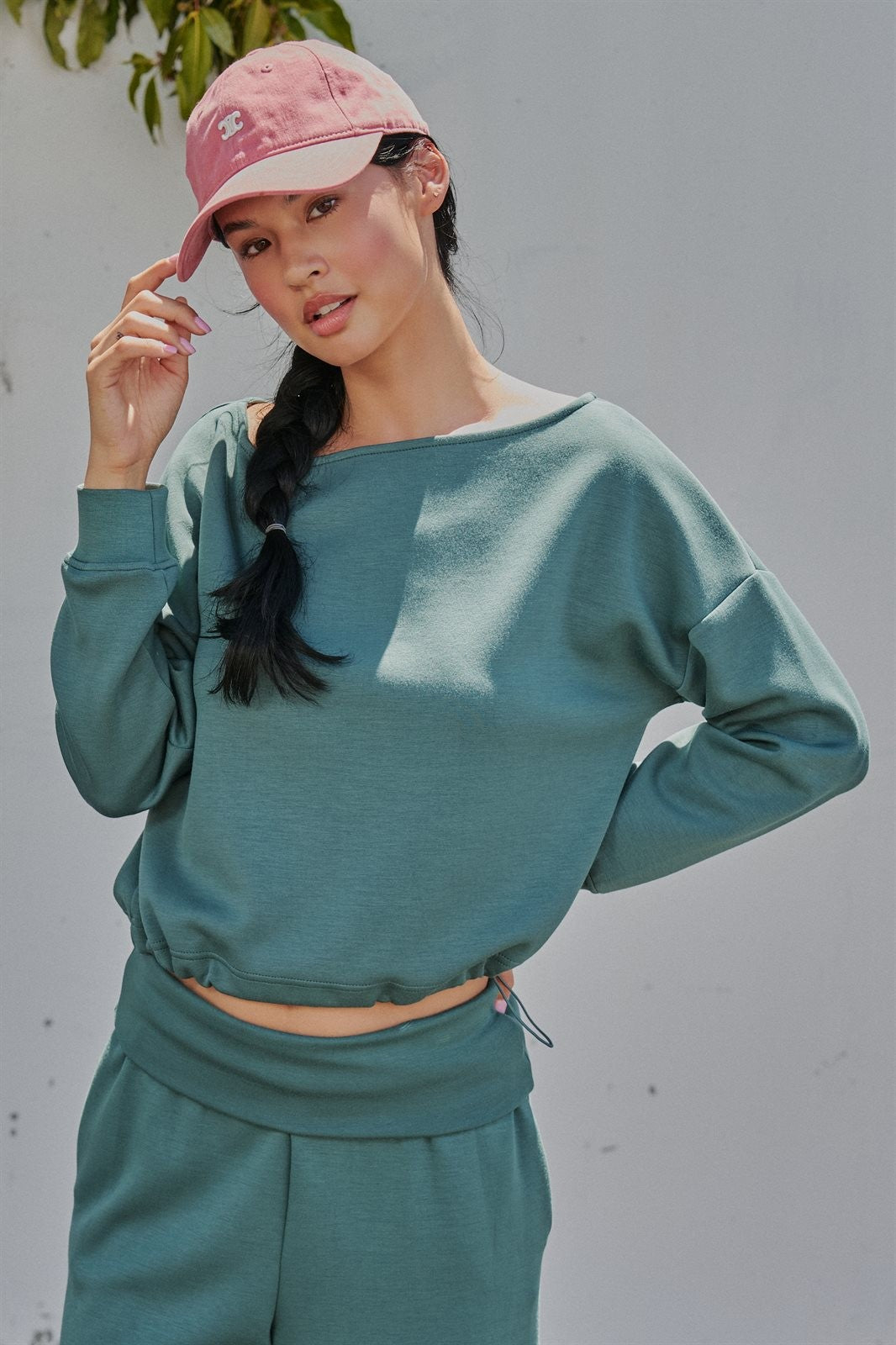 Scuba Knit Boat Neck Drawstring Hem Top in Teal Green - Women's Sweatshirts & Hoodies | Urban Daizy