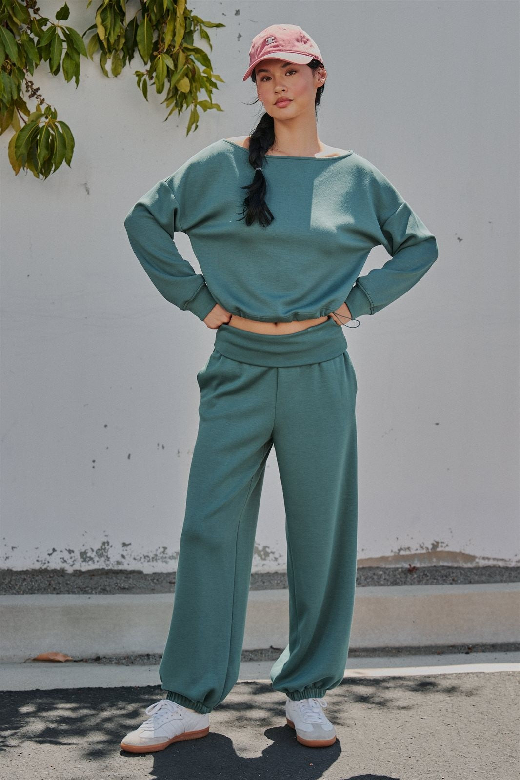 Scuba Knit Boat Neck Drawstring Hem Top in Teal Green - Women's Sweatshirts & Hoodies | Urban Daizy