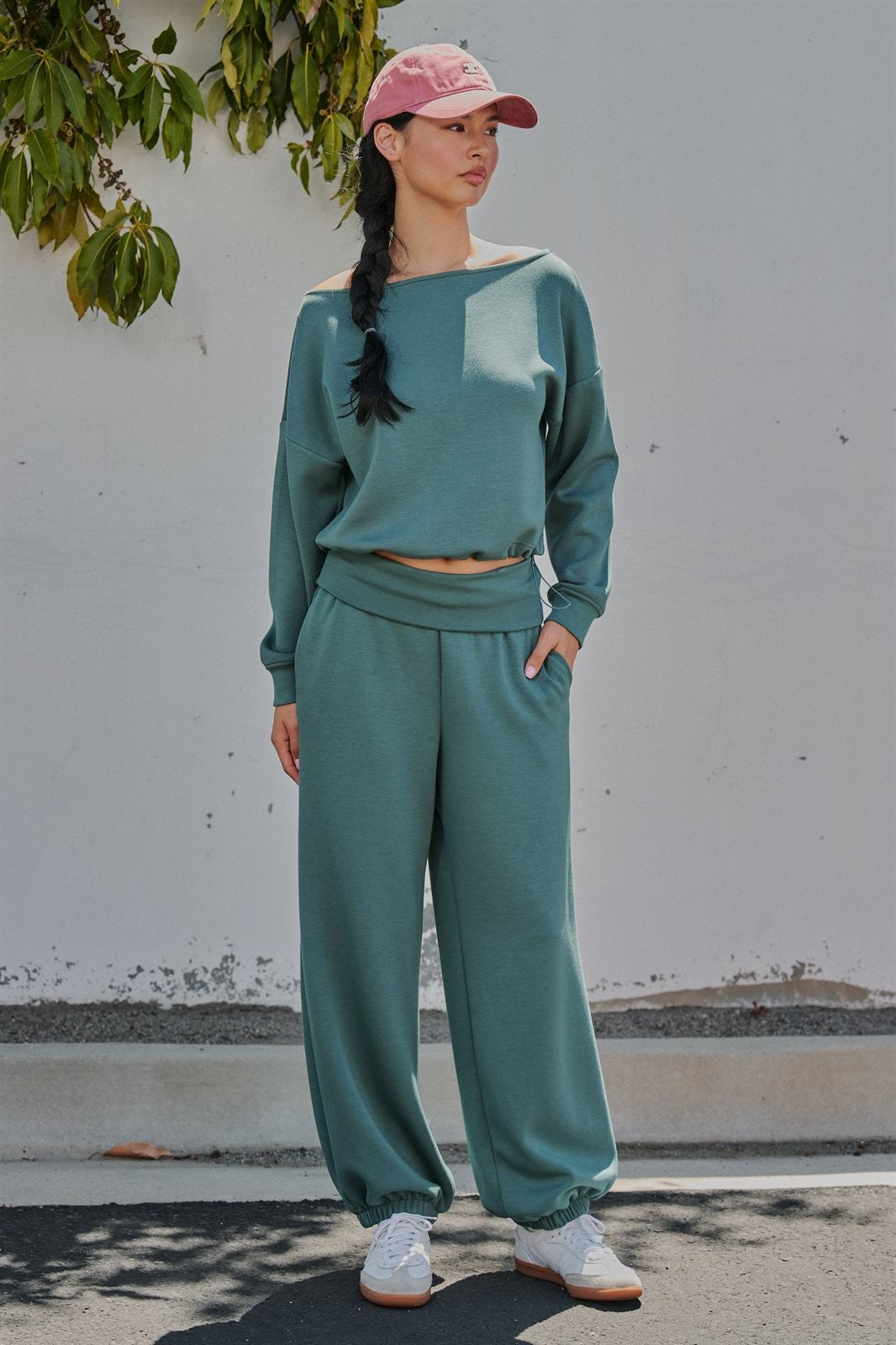 Scuba Knit Boat Neck Drawstring Hem Top in Teal Green - Women's Sweatshirts & Hoodies | Urban Daizy