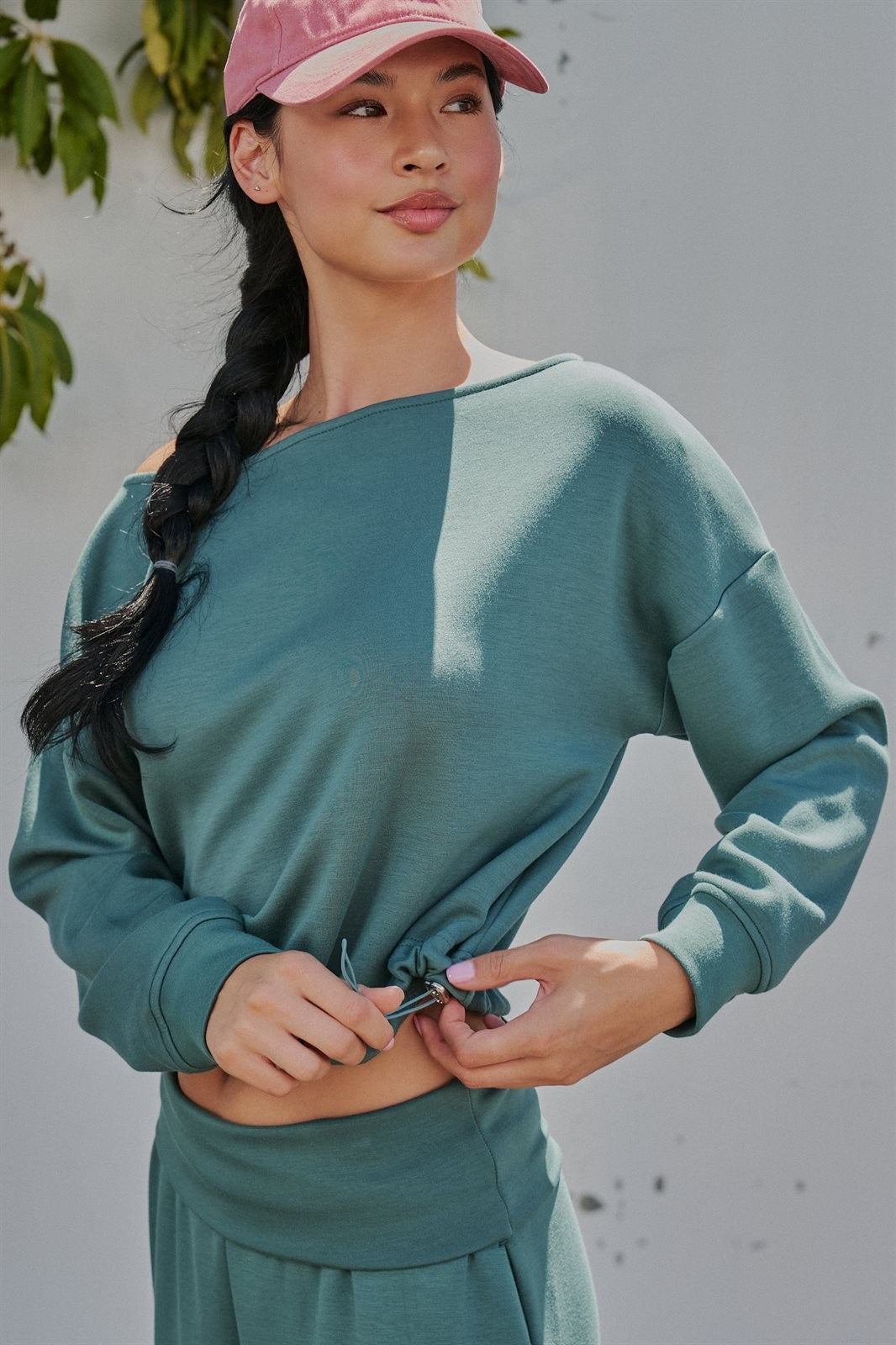 Scuba Knit Boat Neck Drawstring Hem Top in Teal Green - Women's Sweatshirts & Hoodies | Urban Daizy