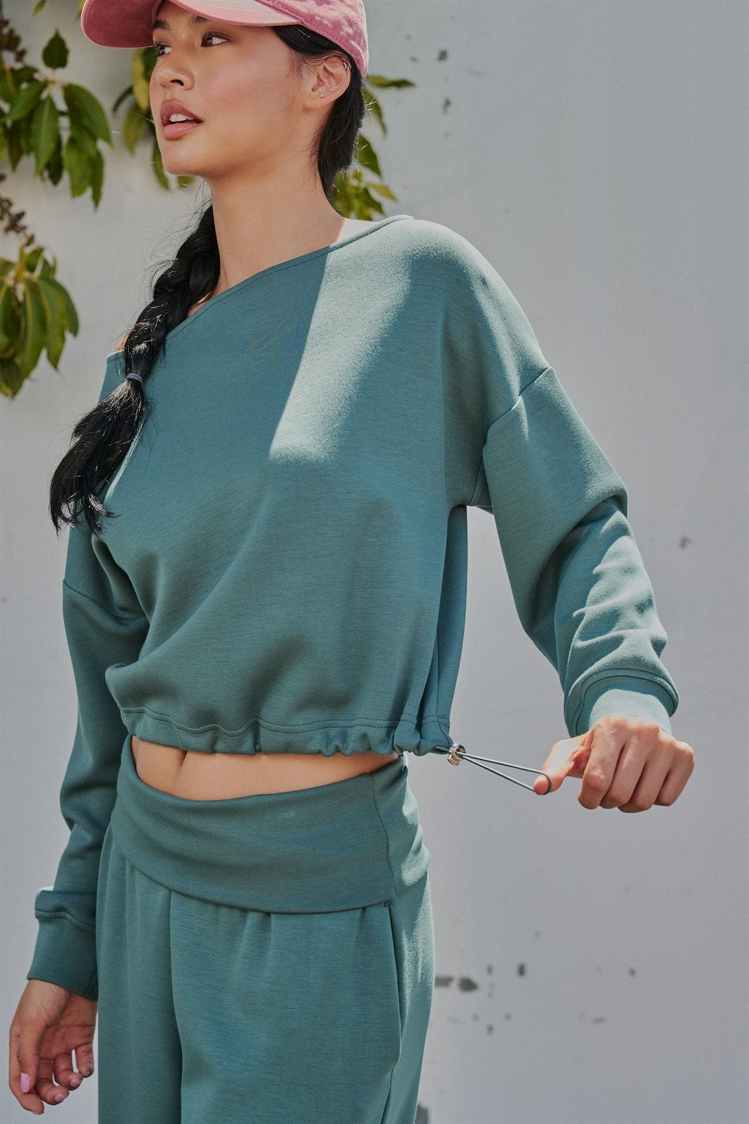Scuba Knit Boat Neck Drawstring Hem Top in Teal Green - Women's Sweatshirts & Hoodies | Urban Daizy