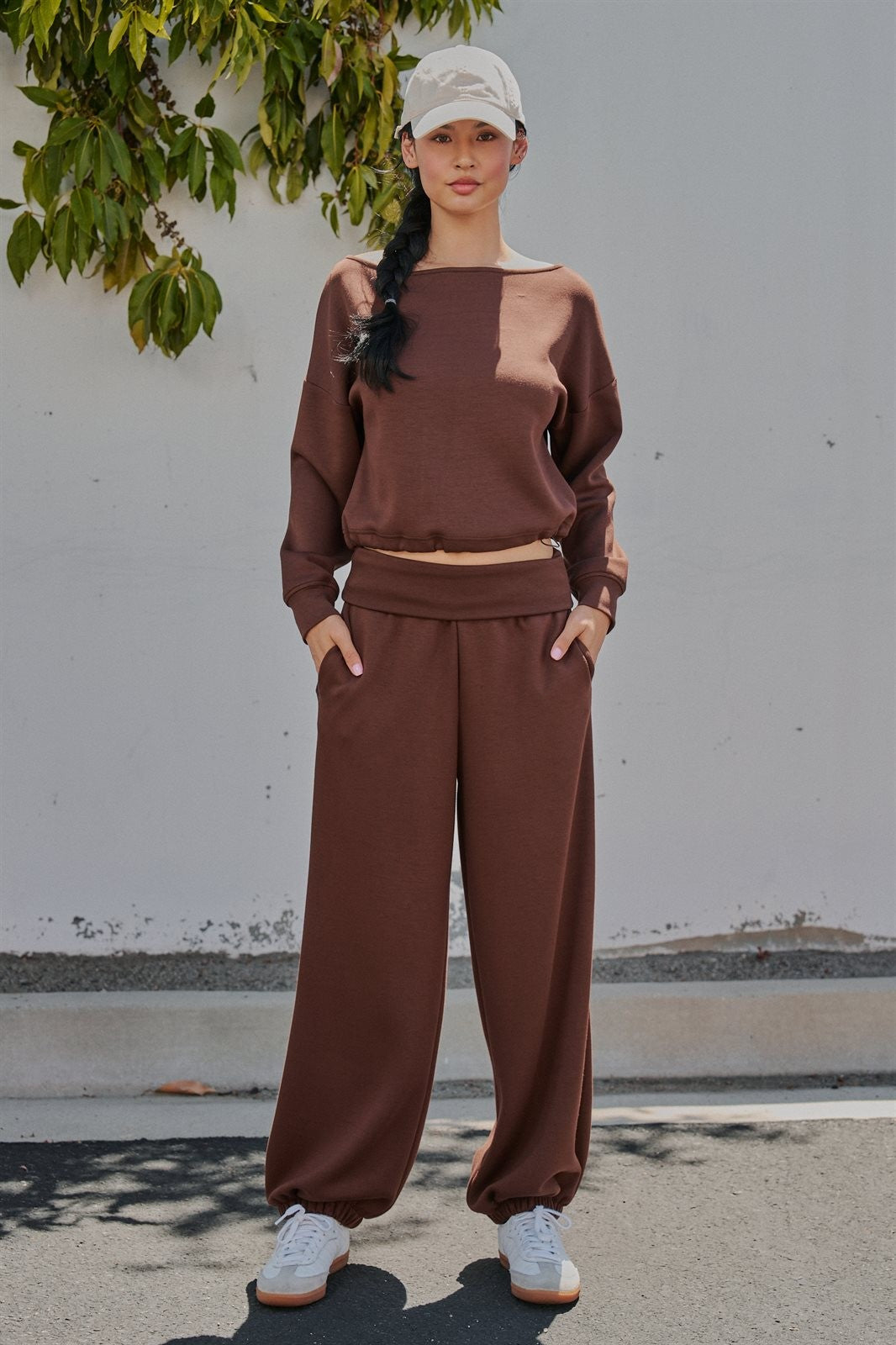 Scuba Knit Foldover Waist Jogger Pants in Chocolate - Women's Sweatpants & Joggers | Urban Daizy