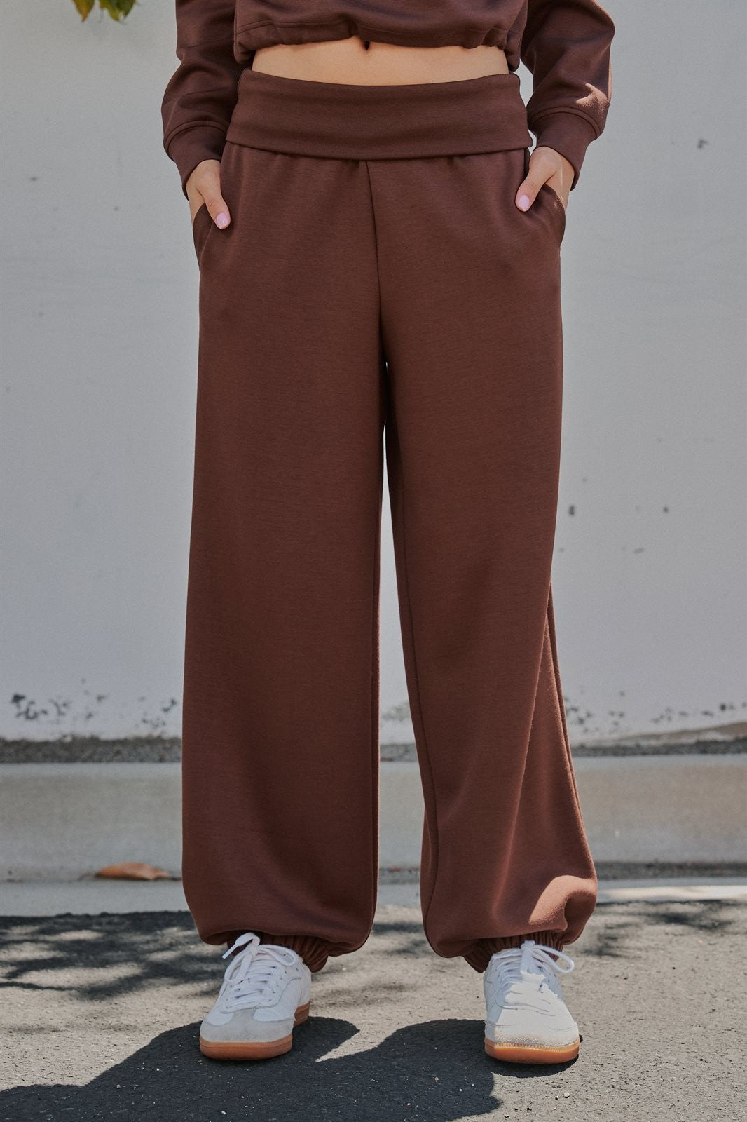 Scuba Knit Foldover Waist Jogger Pants in Chocolate - Women's Sweatpants & Joggers | Urban Daizy