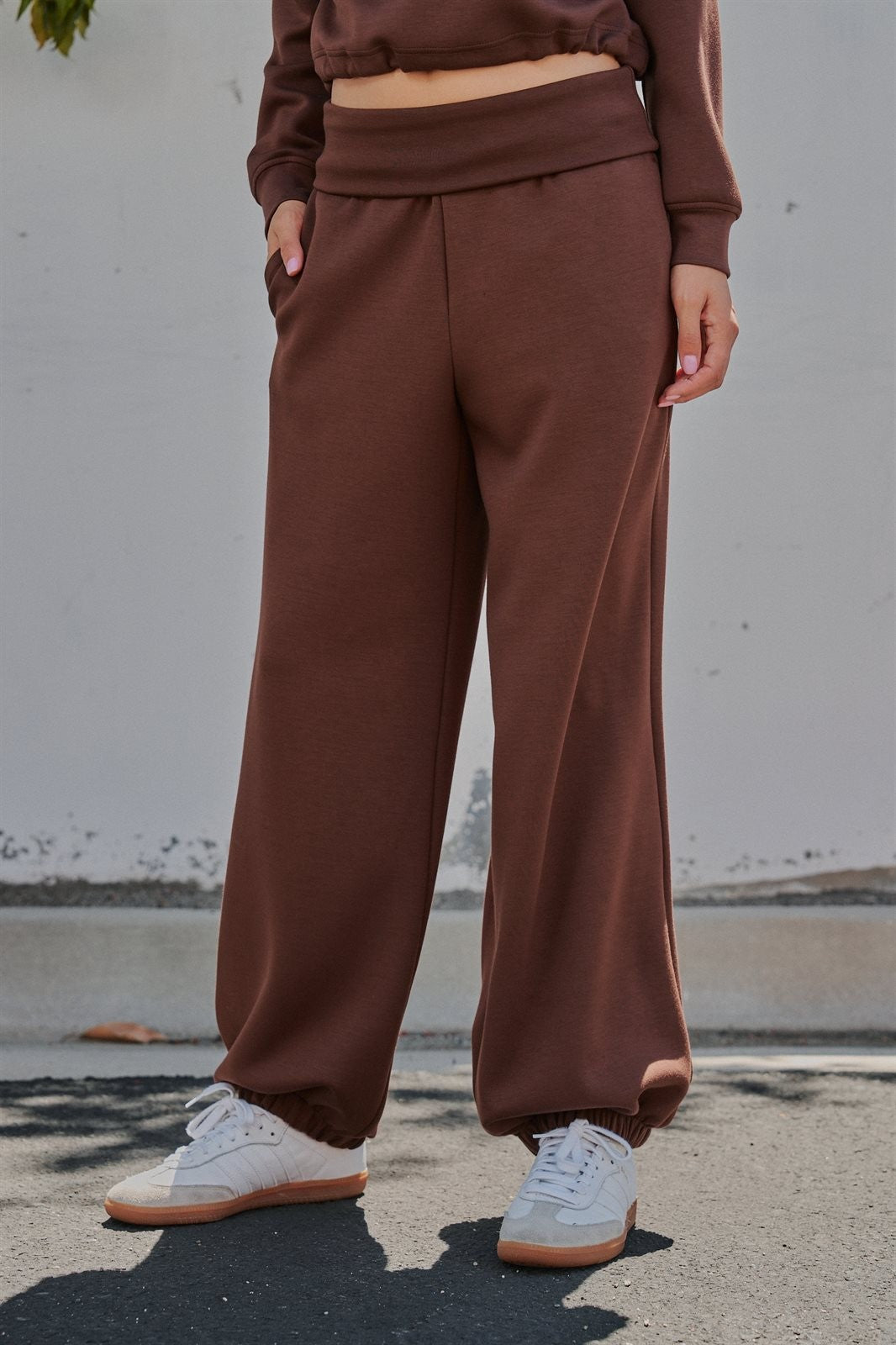 Scuba Knit Foldover Waist Jogger Pants in Chocolate - Women's Sweatpants & Joggers | Urban Daizy
