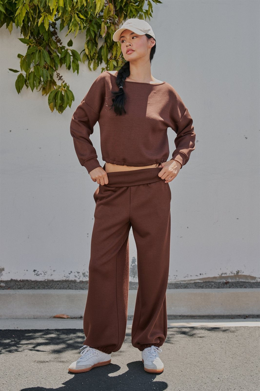 Scuba Knit Foldover Waist Jogger Pants in Chocolate - Women's Sweatpants & Joggers | Urban Daizy