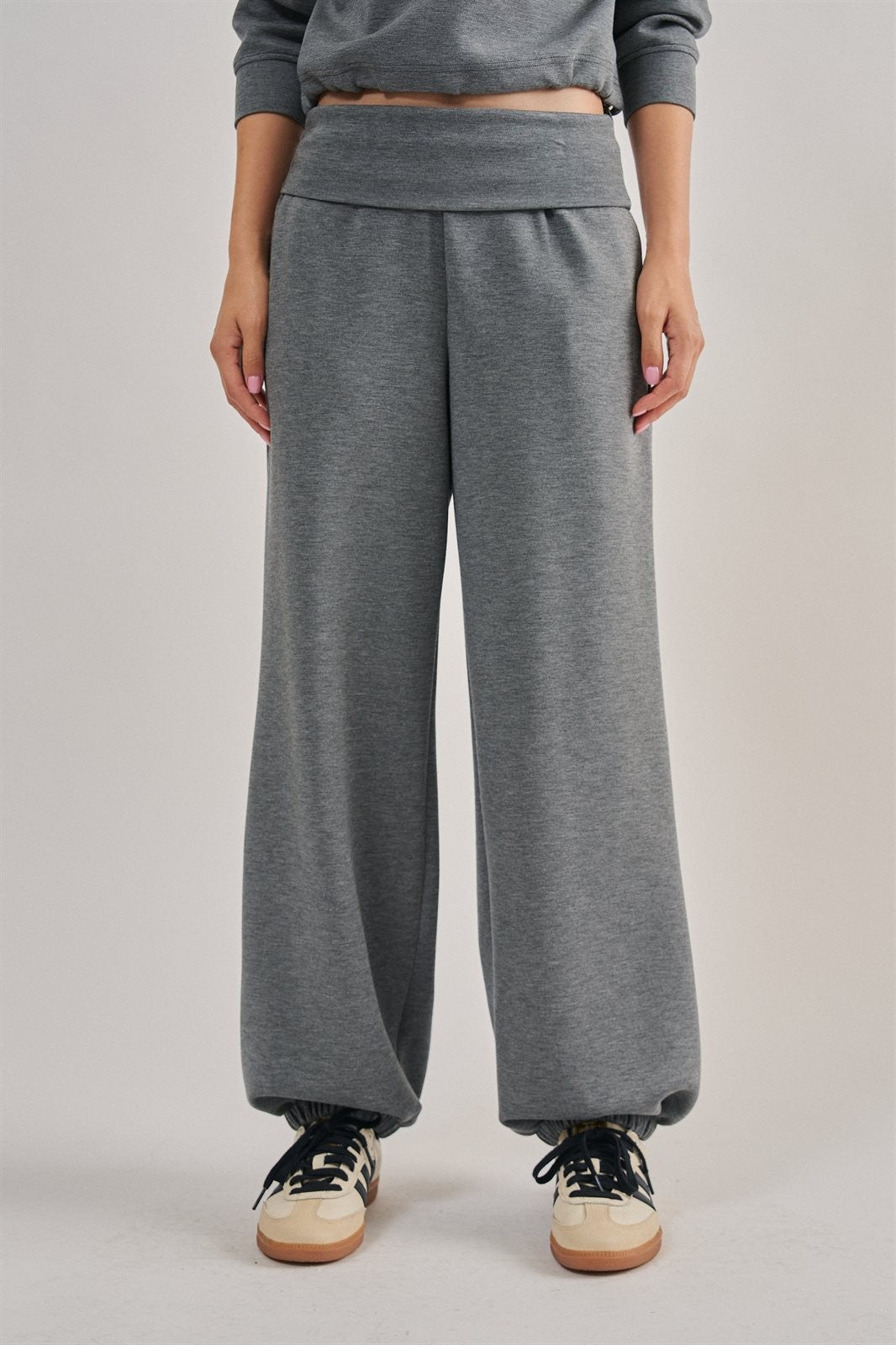 Scuba Knit Foldover Waist Jogger Pants in Dk H Grey - Women's Sweatpants & Joggers | Urban Daizy