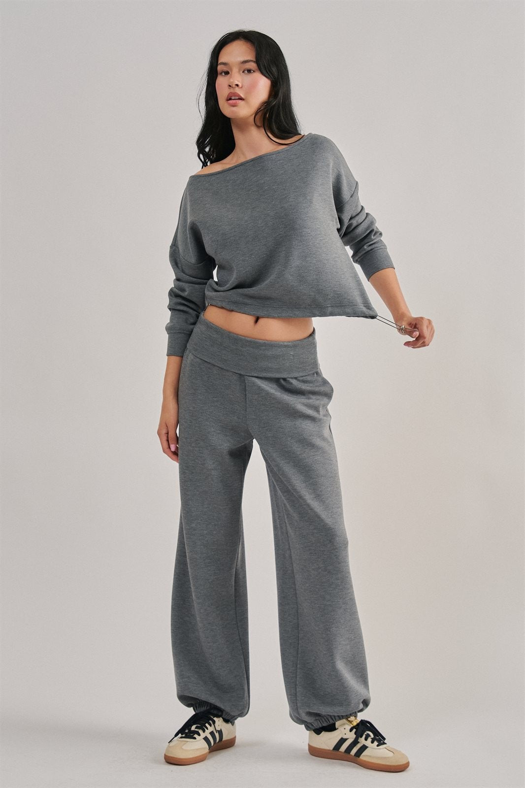Scuba Knit Foldover Waist Jogger Pants in Dk H Grey - Women's Sweatpants & Joggers | Urban Daizy