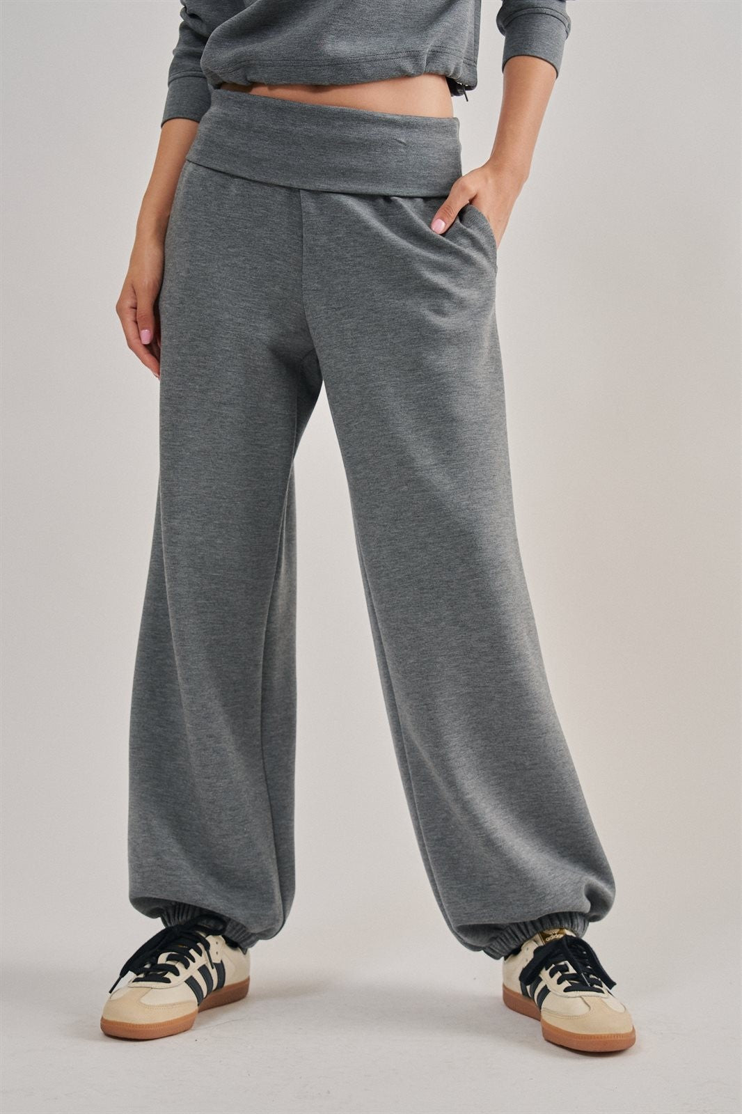 Scuba Knit Foldover Waist Jogger Pants in Dk H Grey - Women's Sweatpants & Joggers | Urban Daizy