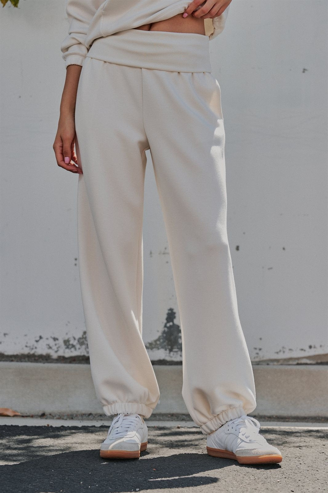 Scuba Knit Foldover Waist Jogger Pants in Milk - Women's Sweatpants & Joggers | Urban Daizy