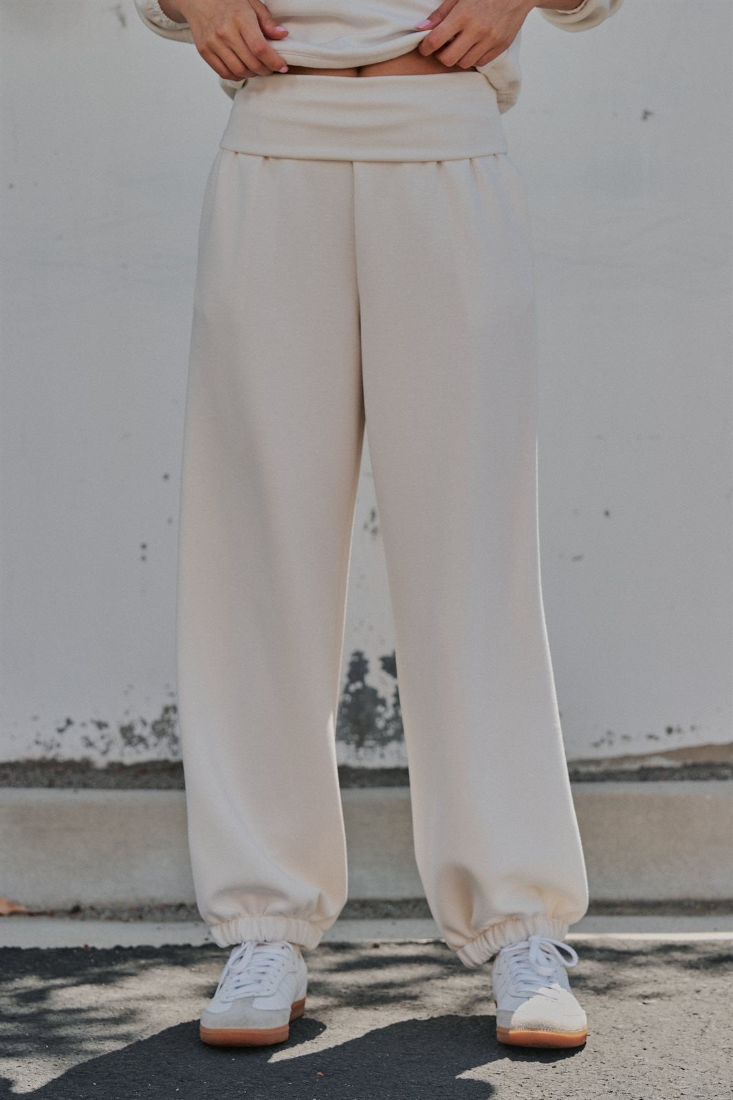 Scuba Knit Foldover Waist Jogger Pants in Milk - Women's Sweatpants & Joggers | Urban Daizy