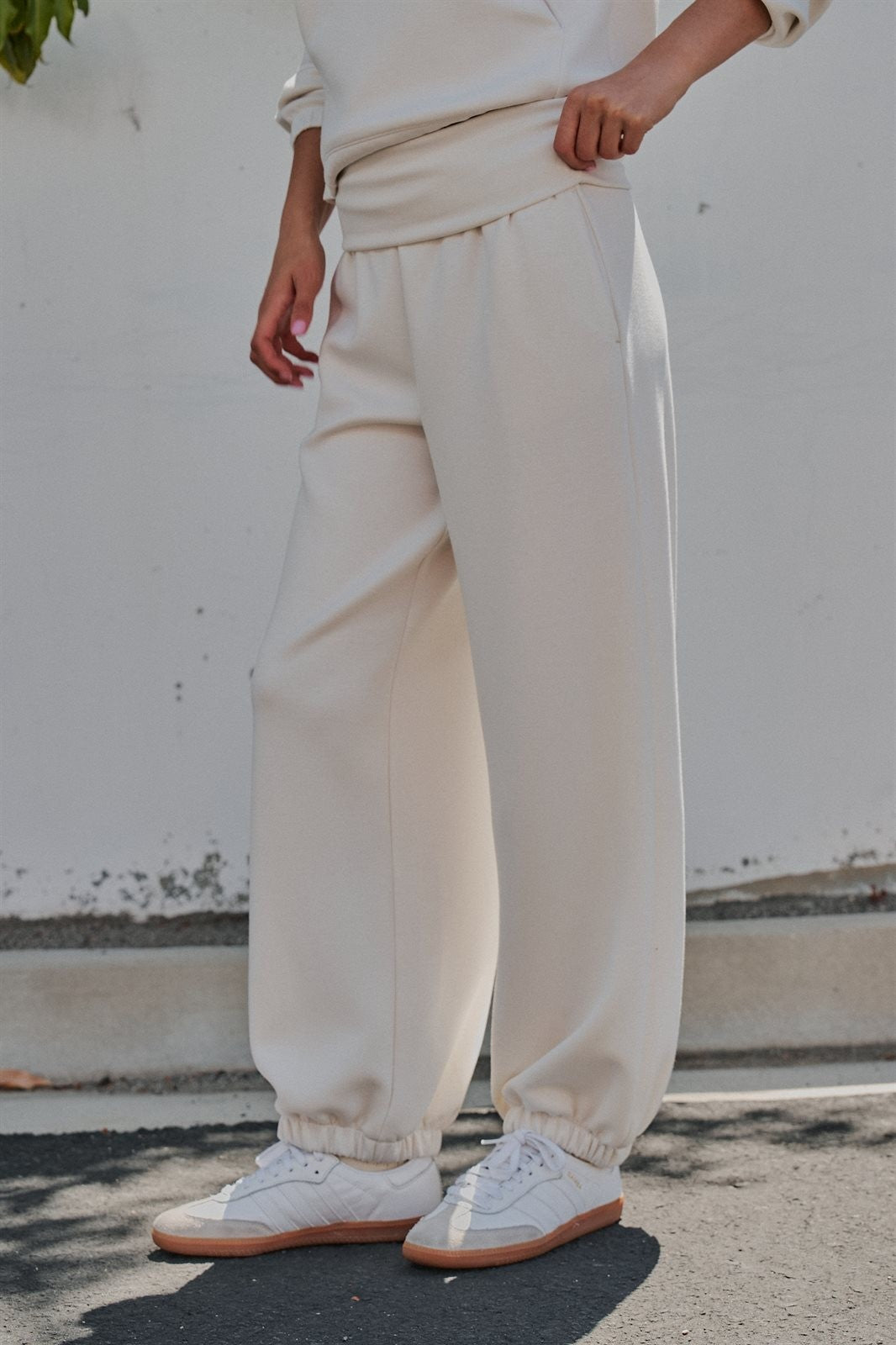 Scuba Knit Foldover Waist Jogger Pants in Milk - Women's Sweatpants & Joggers | Urban Daizy