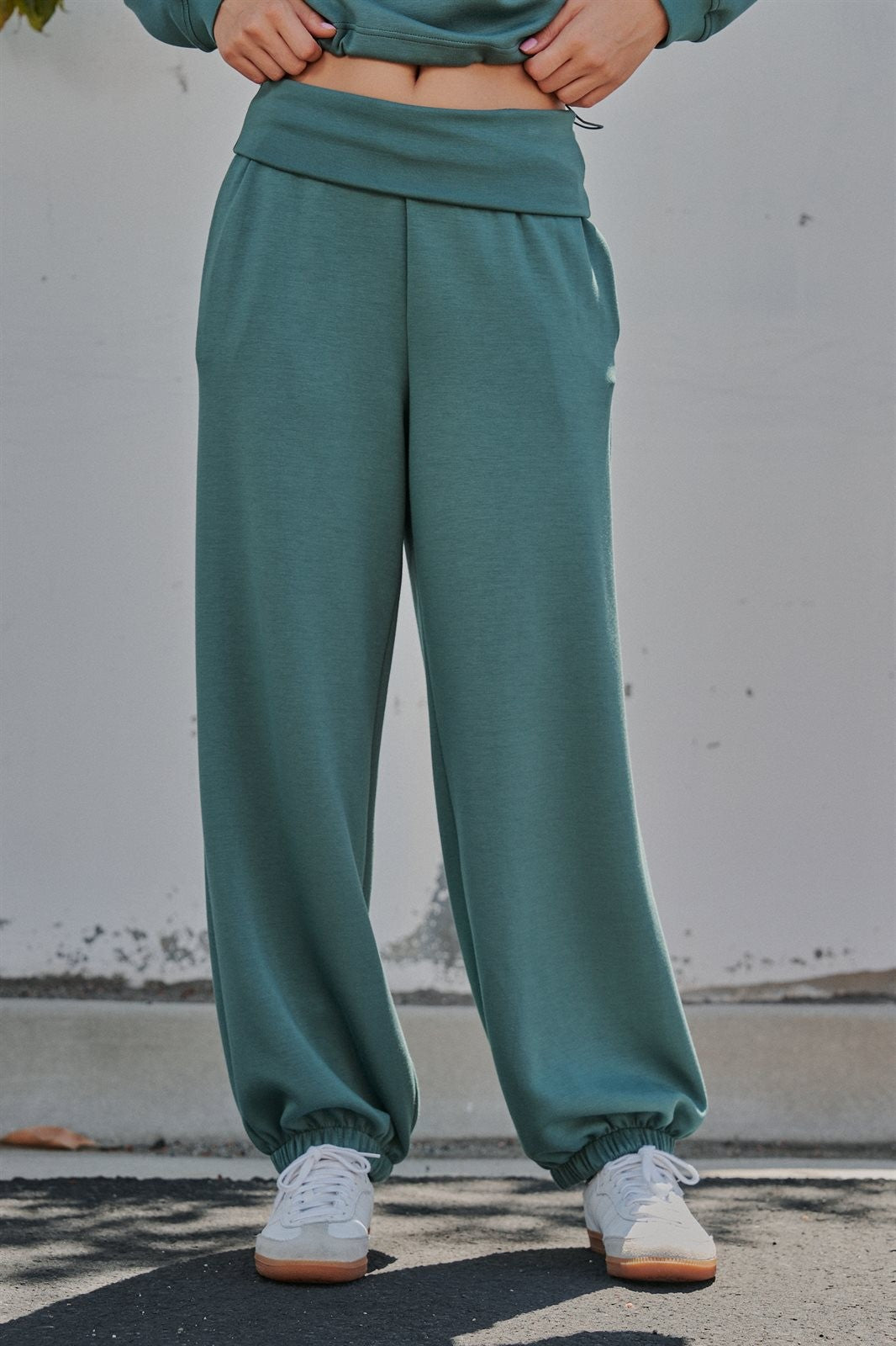 Scuba Knit Foldover Waist Jogger Pants in Teal Green - Women's Sweatpants & Joggers | Urban Daizy