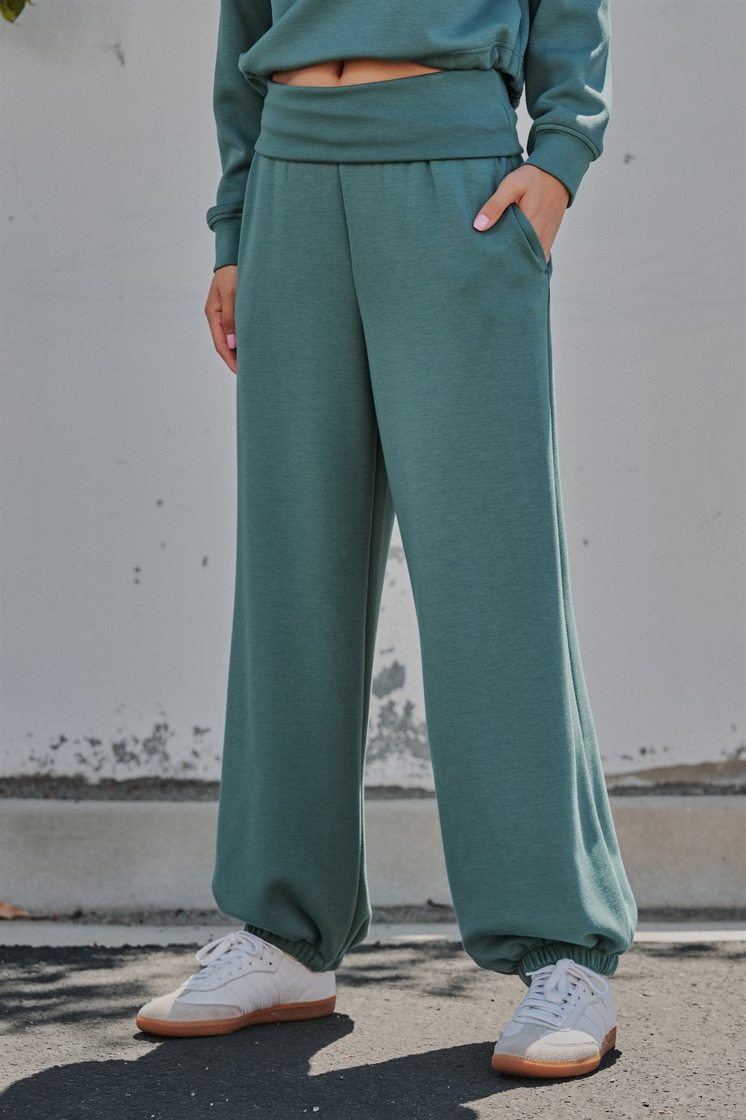 Scuba Knit Foldover Waist Jogger Pants in Teal Green - Women's Sweatpants & Joggers | Urban Daizy