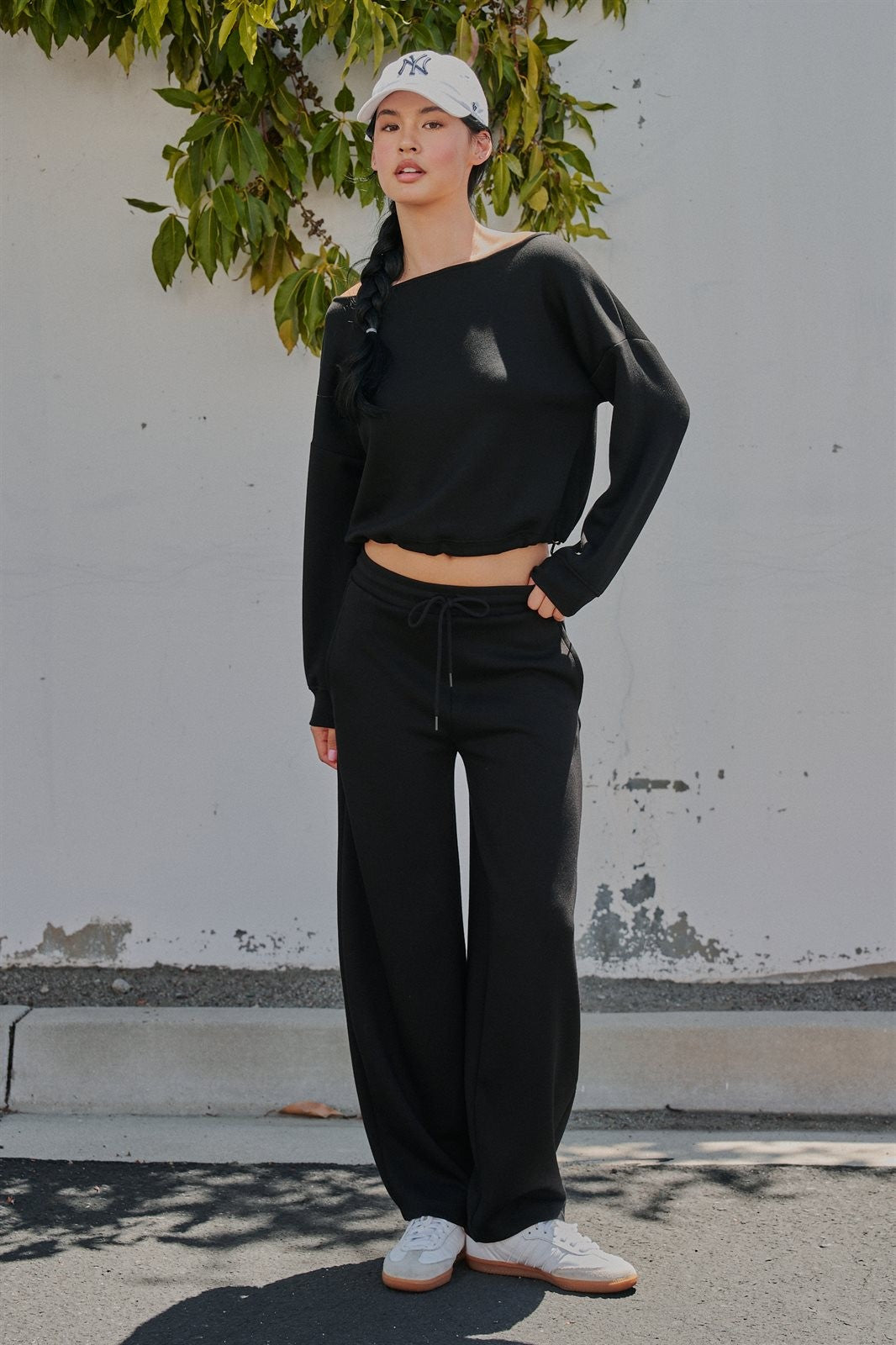 Scuba Knit Barrel Leg Pant with Drawstring in Black - Women's Sweatpants & Joggers | Urban Daizy
