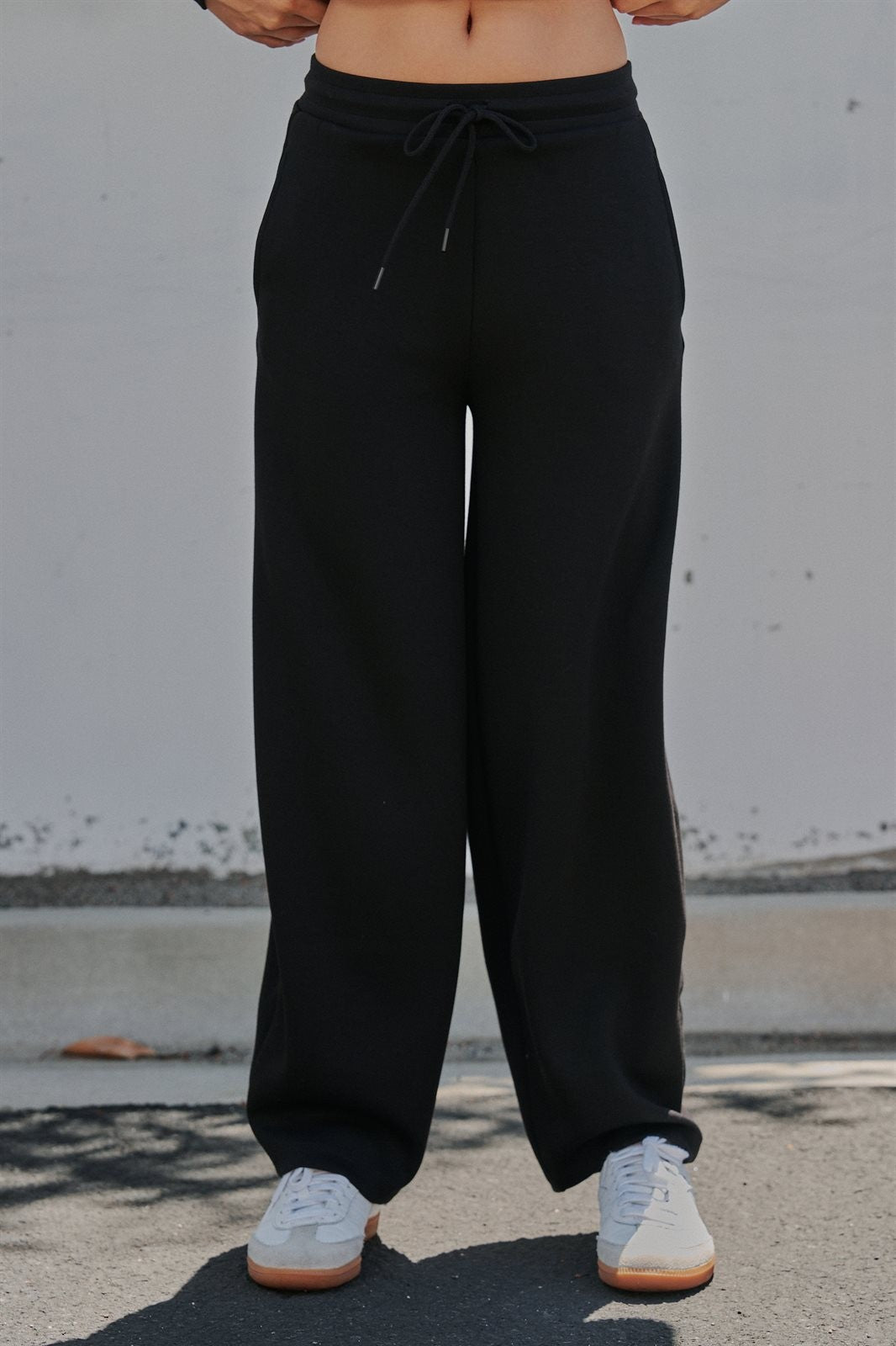 Scuba Knit Barrel Leg Pant with Drawstring in Black - Women's Sweatpants & Joggers | Urban Daizy
