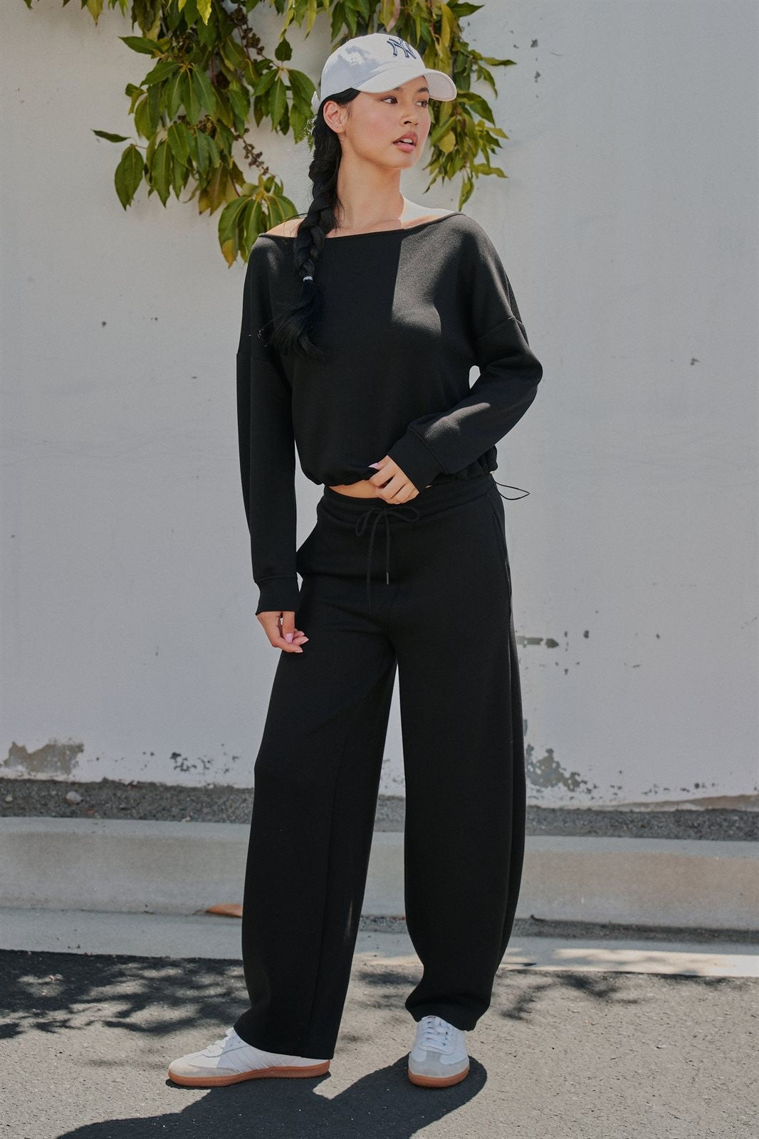 Scuba Knit Barrel Leg Pant with Drawstring in Black - Women's Sweatpants & Joggers | Urban Daizy