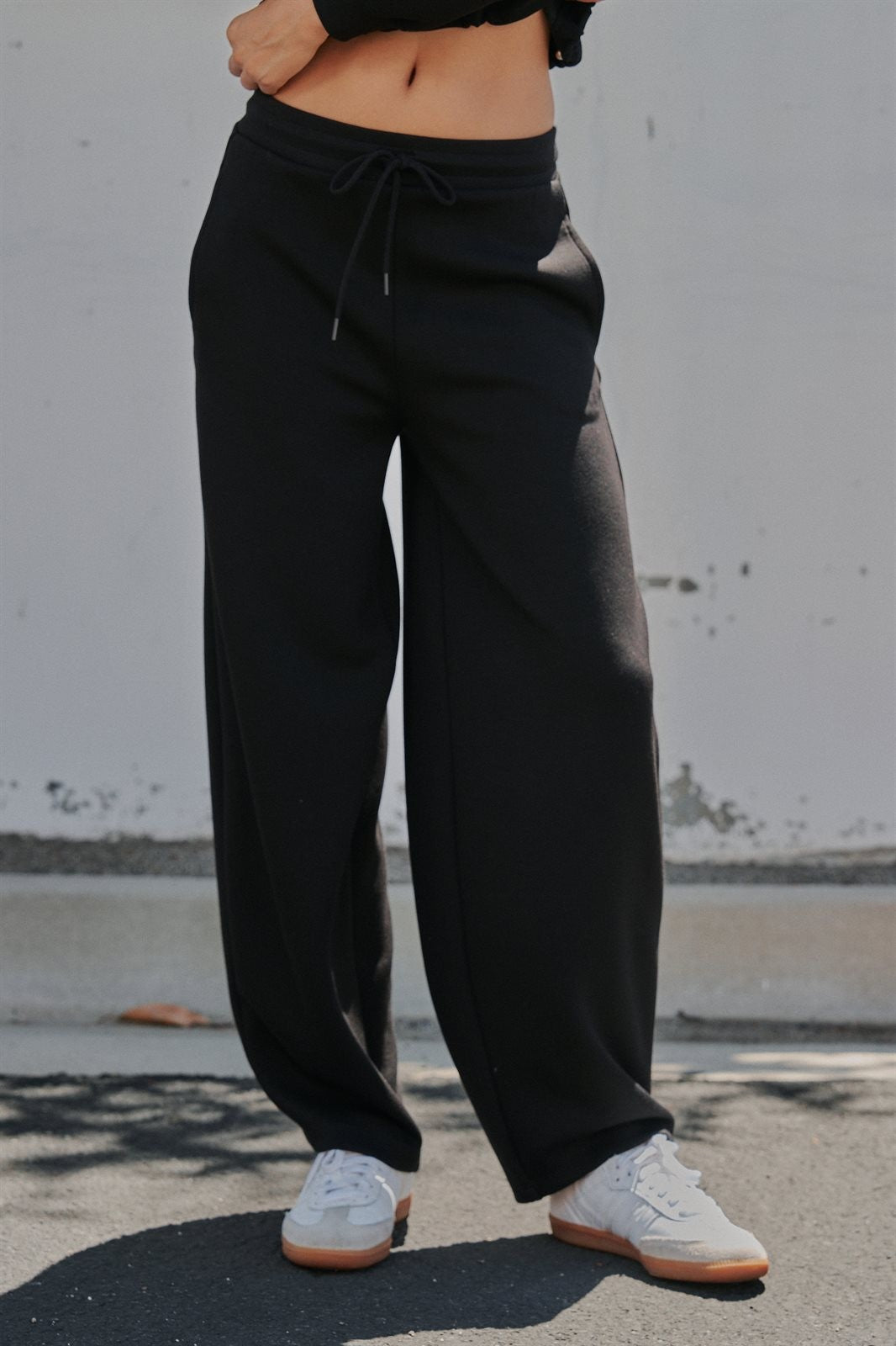 Scuba Knit Barrel Leg Pant with Drawstring in Black - Women's Sweatpants & Joggers | Urban Daizy