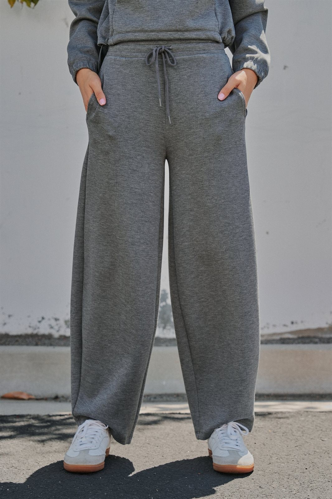 Scuba Knit Barrel Leg Pant with Drawstring in Dk H Grey - Women's Sweatpants & Joggers | Urban Daizy