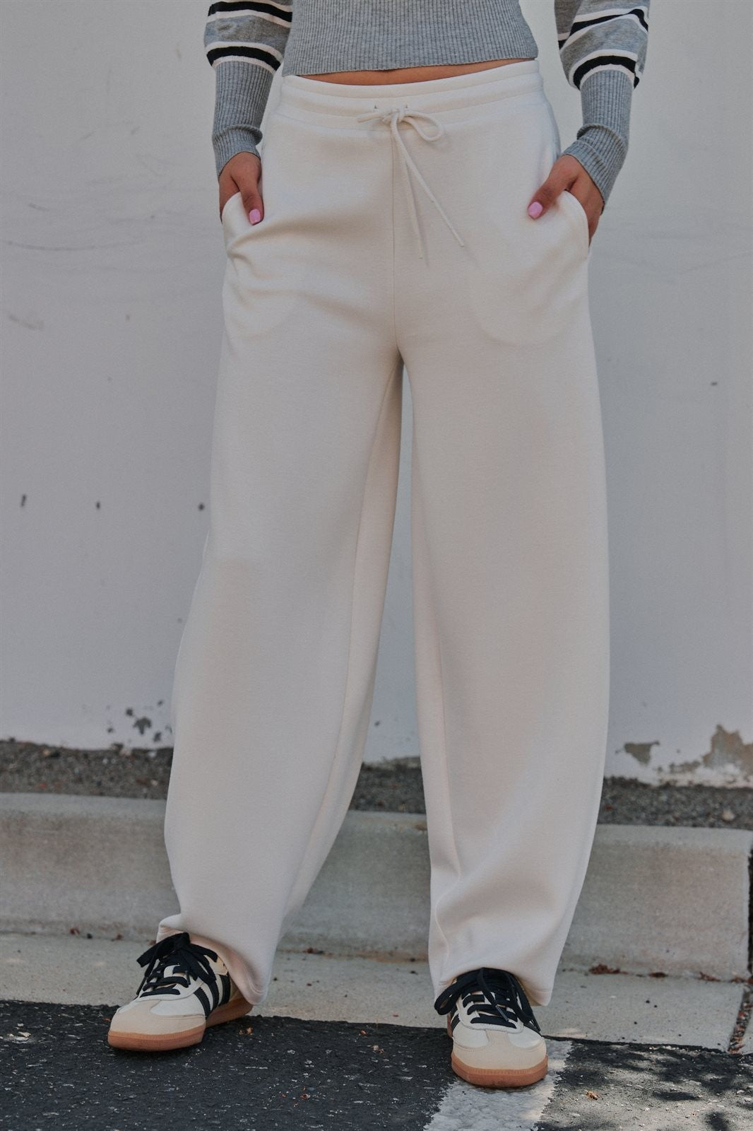 Scuba Knit Barrel Leg Pant with Drawstring in Milk - Women's Sweatpants & Joggers | Urban Daizy