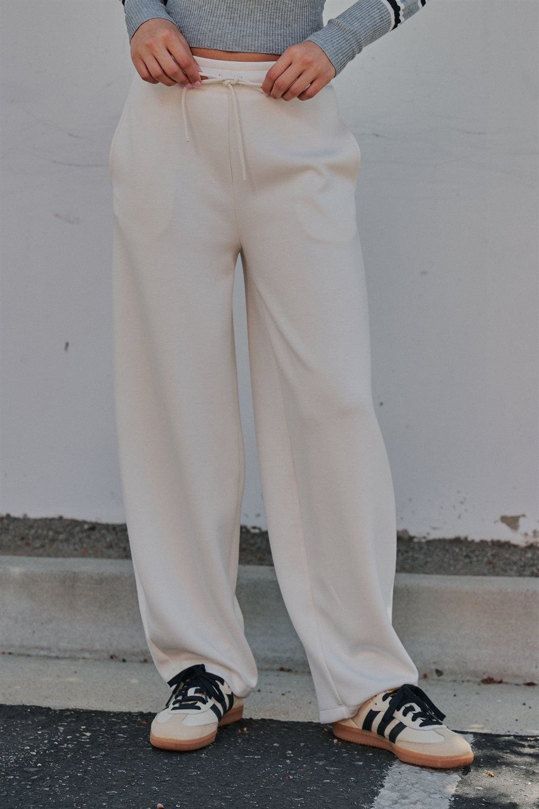 Scuba Knit Barrel Leg Pant with Drawstring in Milk - Women's Sweatpants & Joggers | Urban Daizy