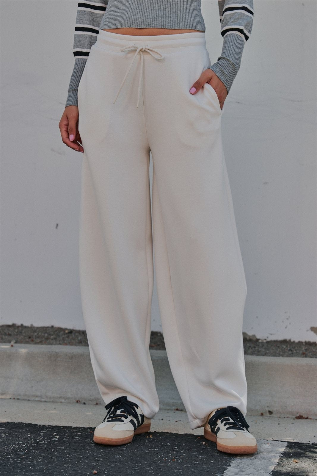 Scuba Knit Barrel Leg Pant with Drawstring in Milk - Women's Sweatpants & Joggers | Urban Daizy