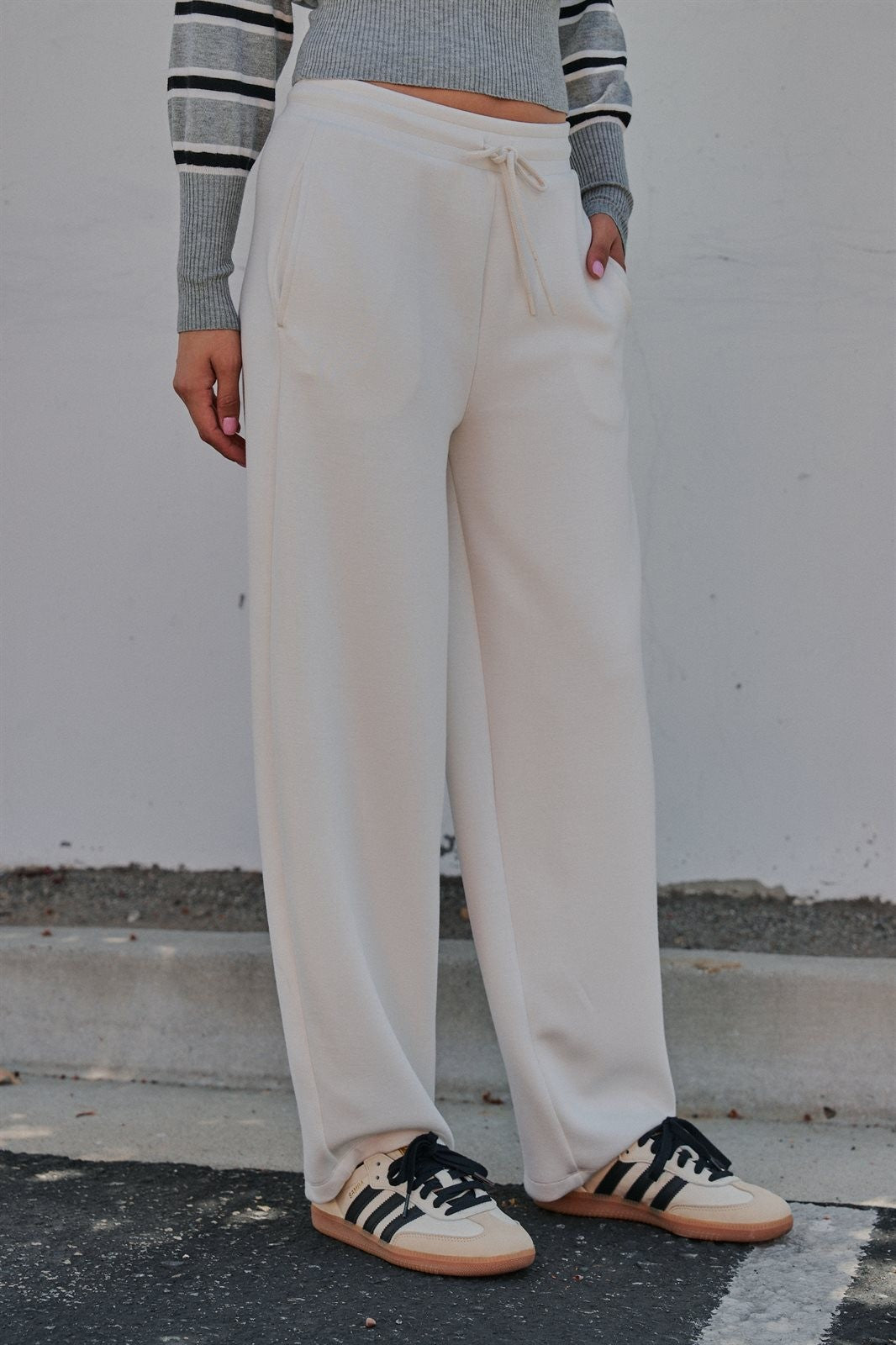 Scuba Knit Barrel Leg Pant with Drawstring in Milk - Women's Sweatpants & Joggers | Urban Daizy