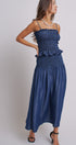 Smocked Chambray Maxi Skirt With High Waistband in D Blue - Women's Skirts | Urban Daizy