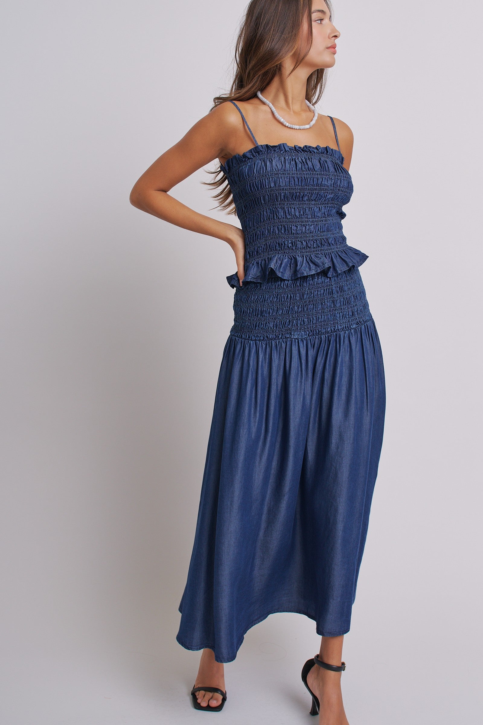 Smocked Chambray Maxi Skirt With High Waistband in D Blue - Women's Skirts | Urban Daizy