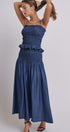 Smocked Chambray Maxi Skirt With High Waistband in D Blue - Women's Skirts | Urban Daizy