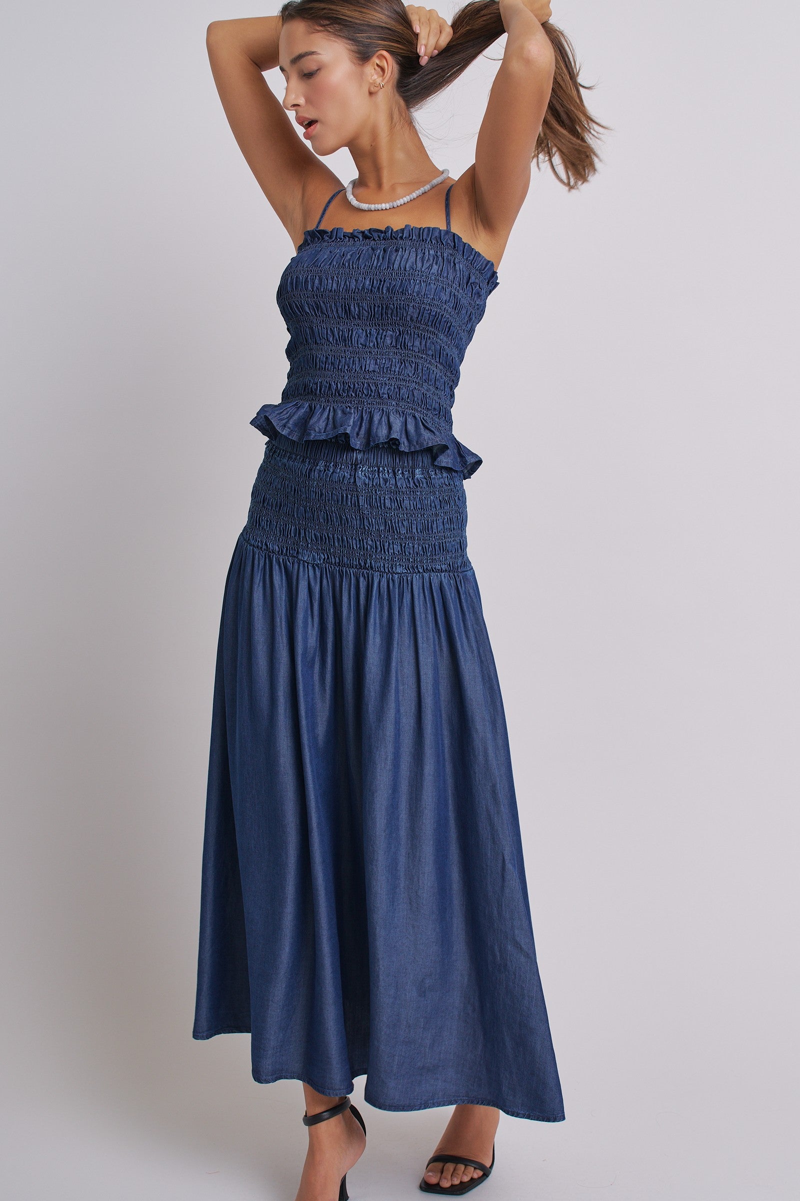 Smocked Chambray Maxi Skirt With High Waistband in D Blue - Women's Skirts | Urban Daizy
