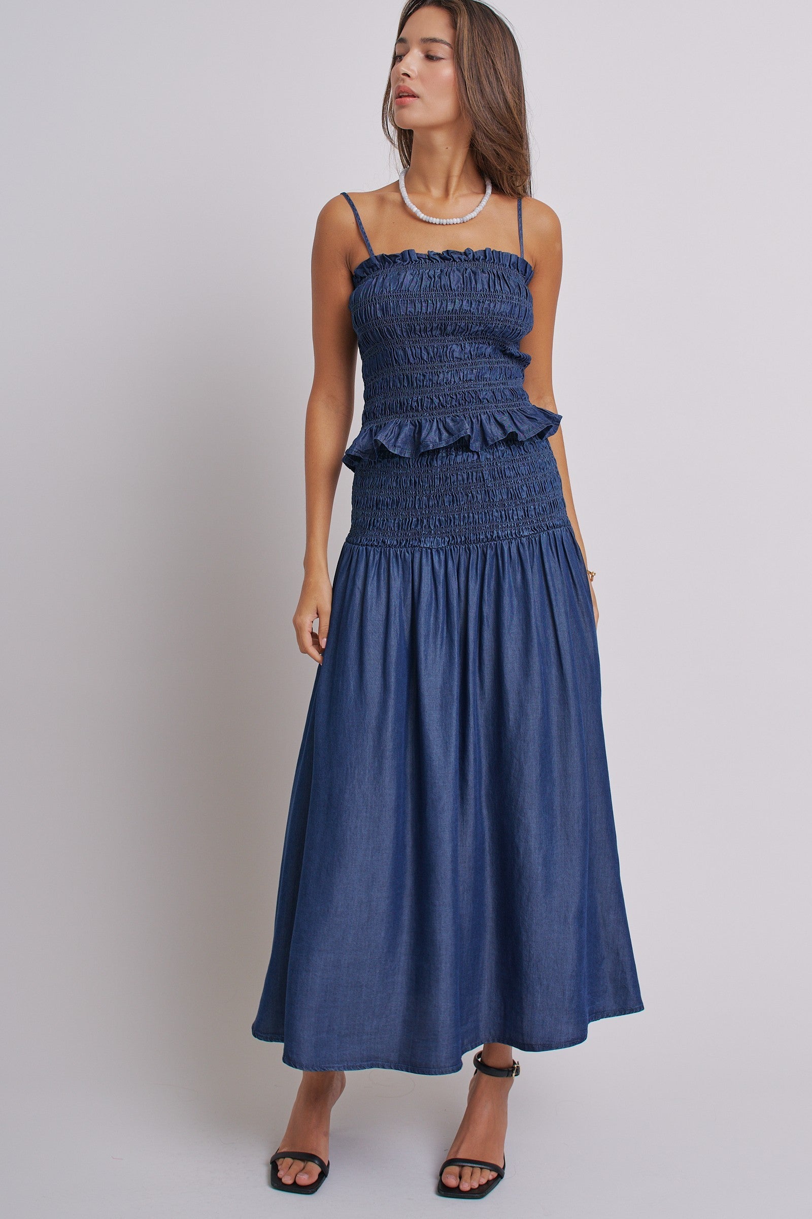 Smocked Chambray Maxi Skirt With High Waistband in D Blue - Women's Skirts | Urban Daizy