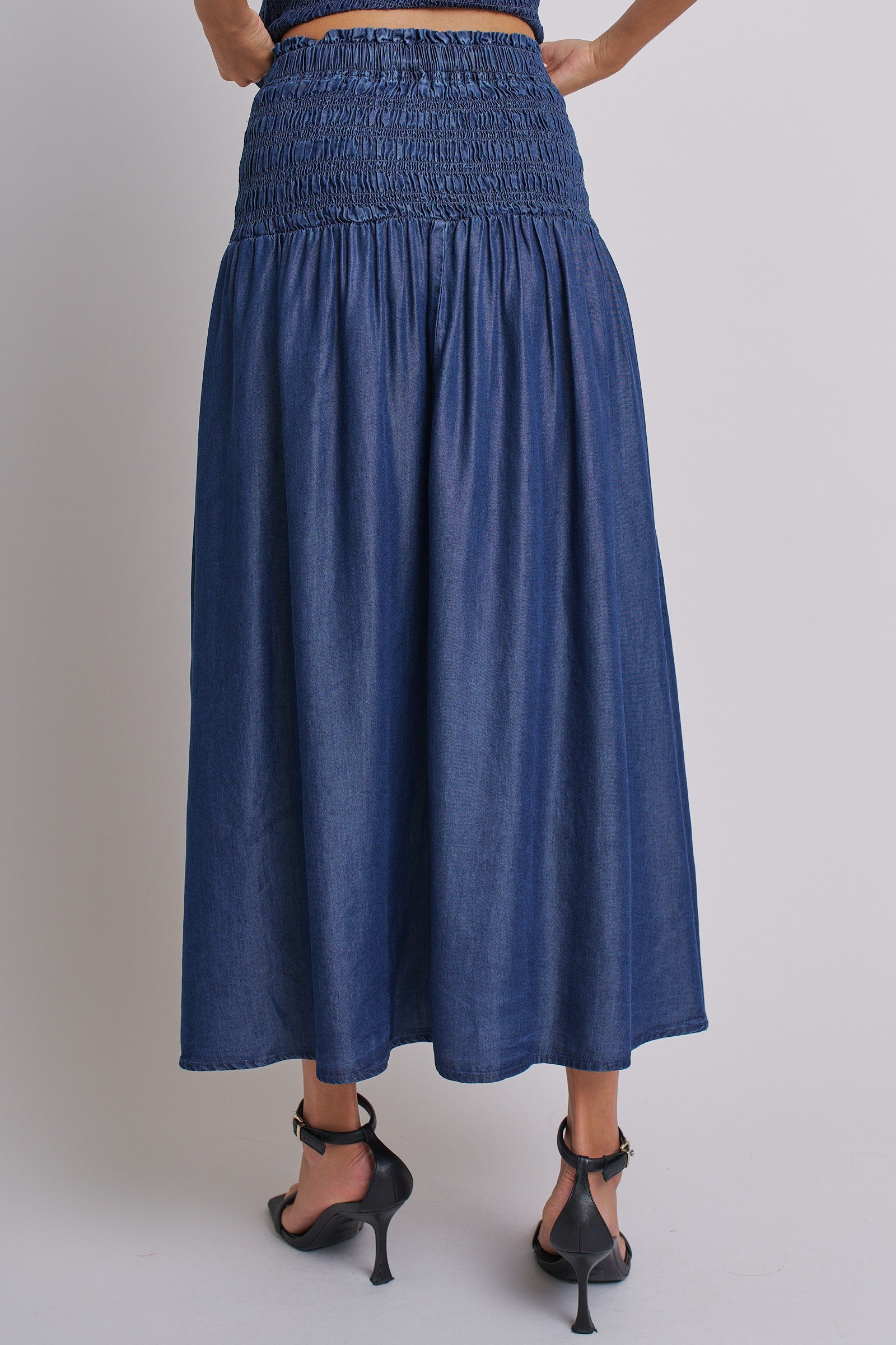 Smocked Chambray Maxi Skirt With High Waistband in D Blue - Women's Skirts | Urban Daizy
