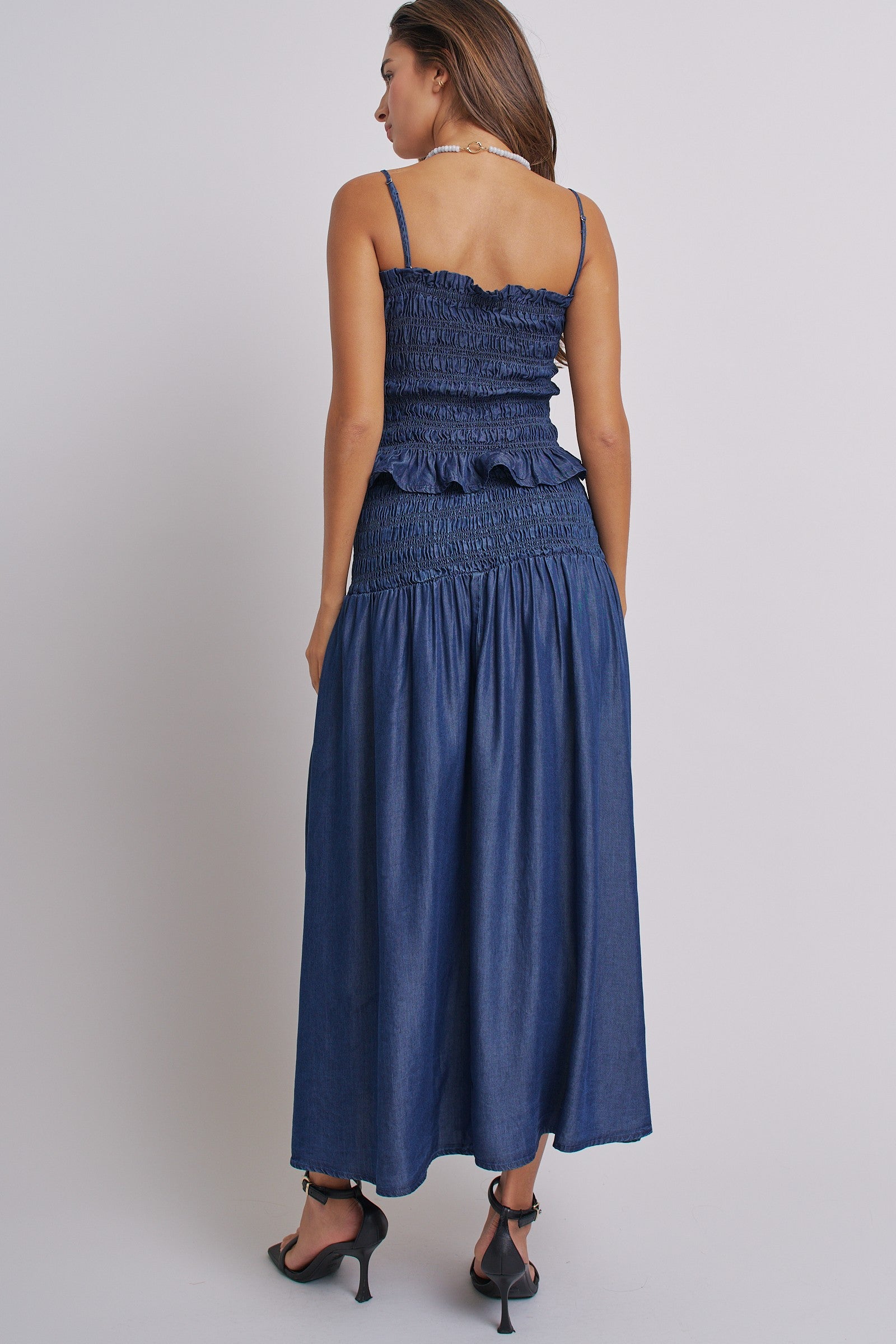 Smocked Chambray Maxi Skirt With High Waistband in D Blue - Women's Skirts | Urban Daizy