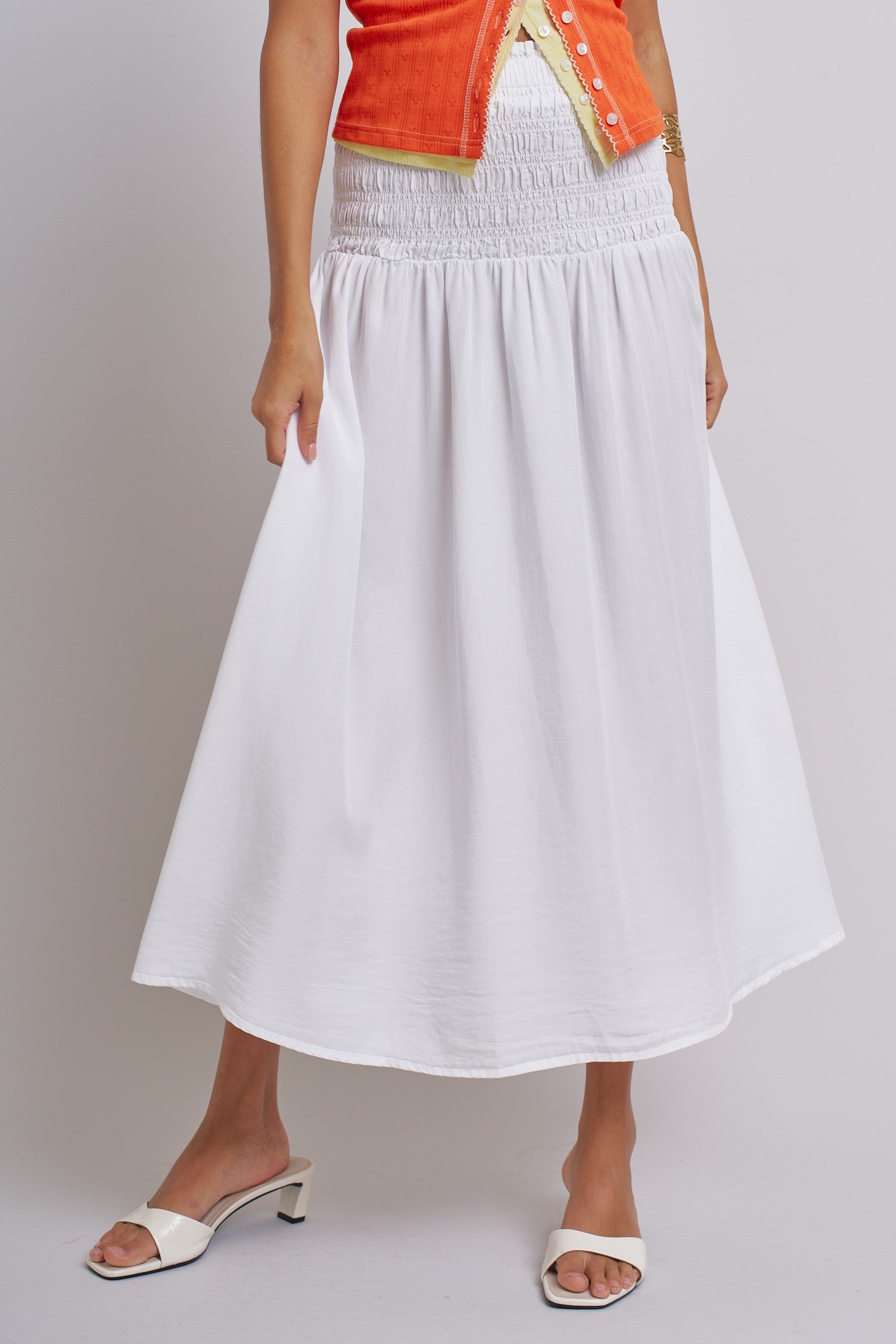 Smocked Chambray Maxi Skirt With High Waistband in White - Women's Skirts | Urban Daizy