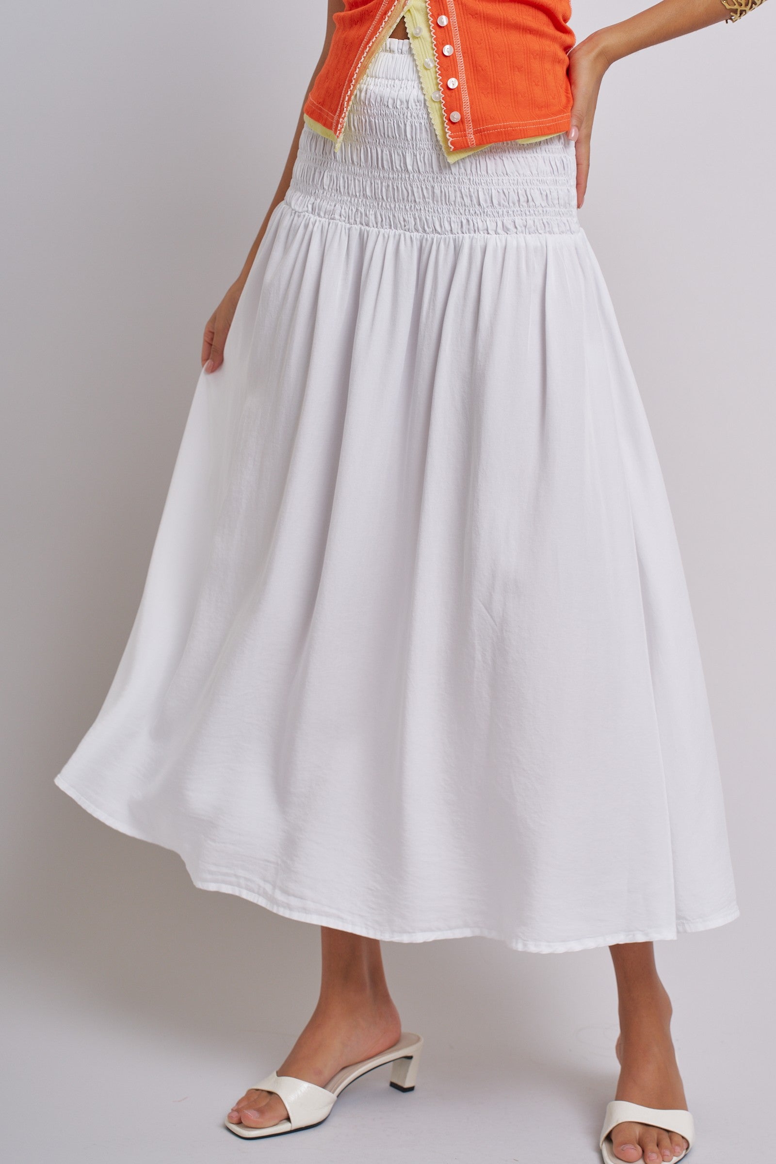 Smocked Chambray Maxi Skirt With High Waistband in White - Women's Skirts | Urban Daizy