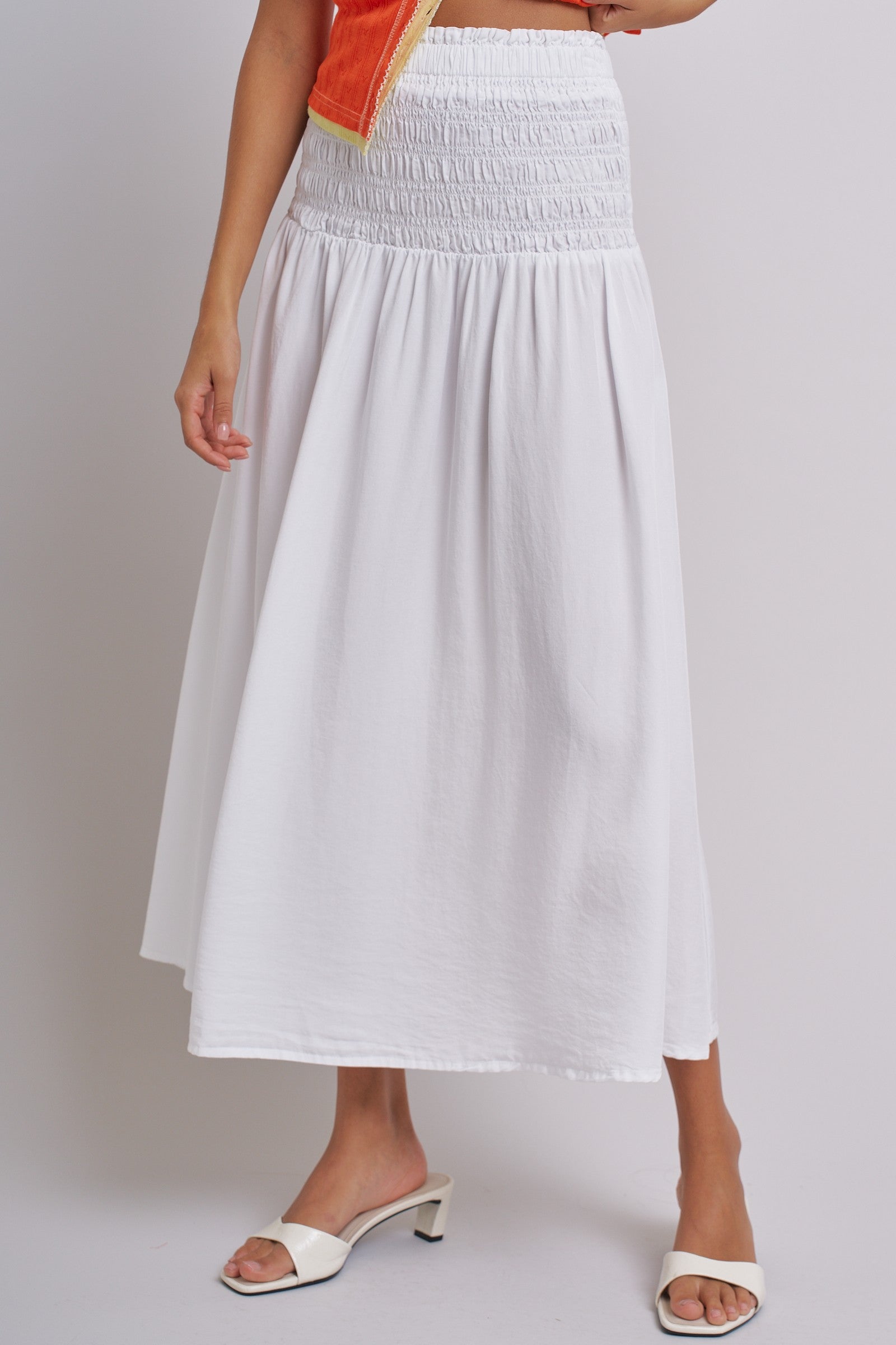 Smocked Chambray Maxi Skirt With High Waistband in White - Women's Skirts | Urban Daizy