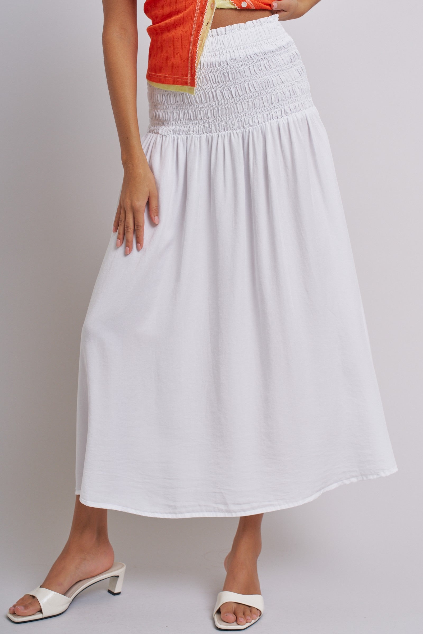 Smocked Chambray Maxi Skirt With High Waistband in White - Women's Skirts | Urban Daizy