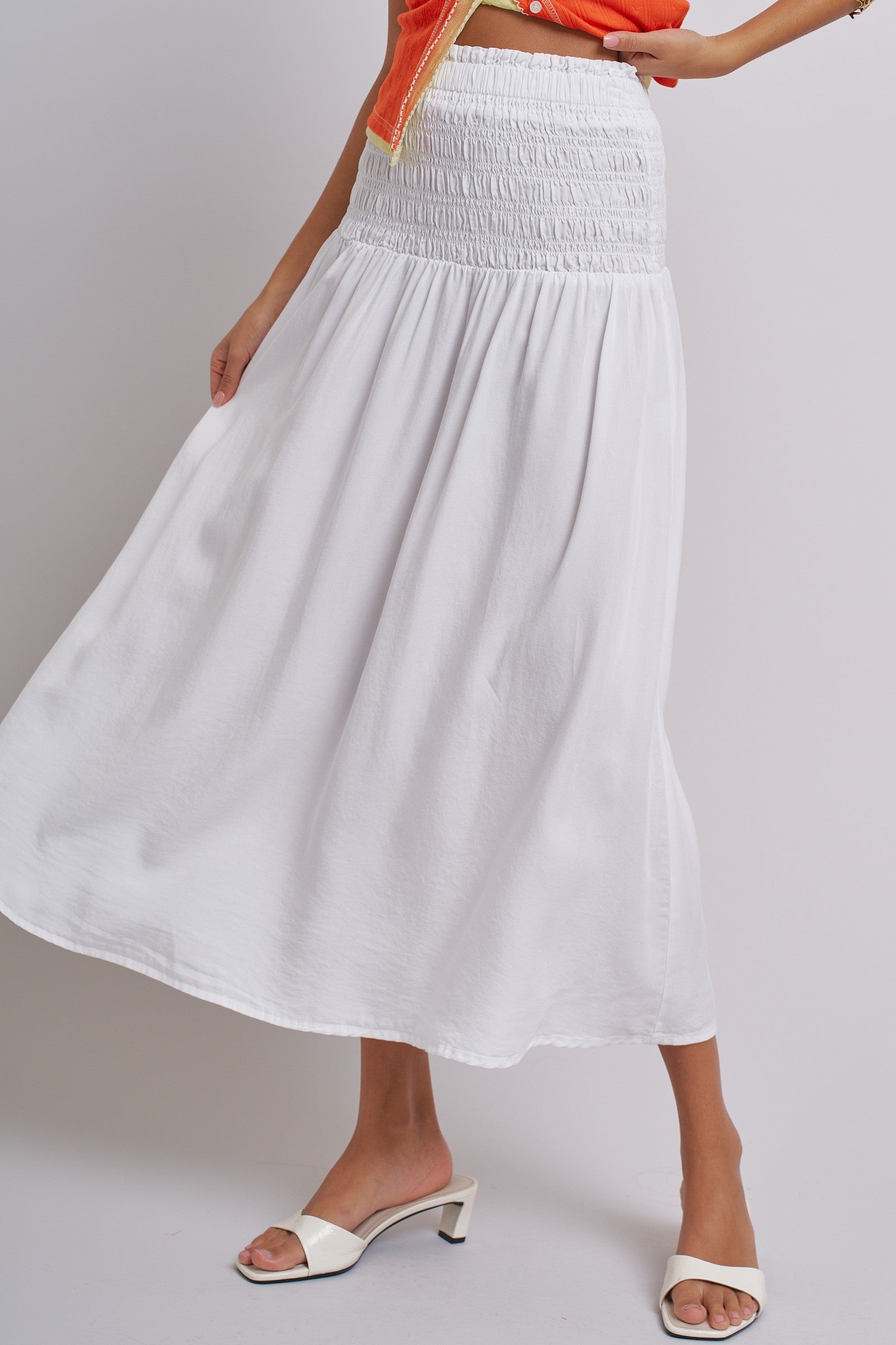 Smocked Chambray Maxi Skirt With High Waistband in White - Women's Skirts | Urban Daizy