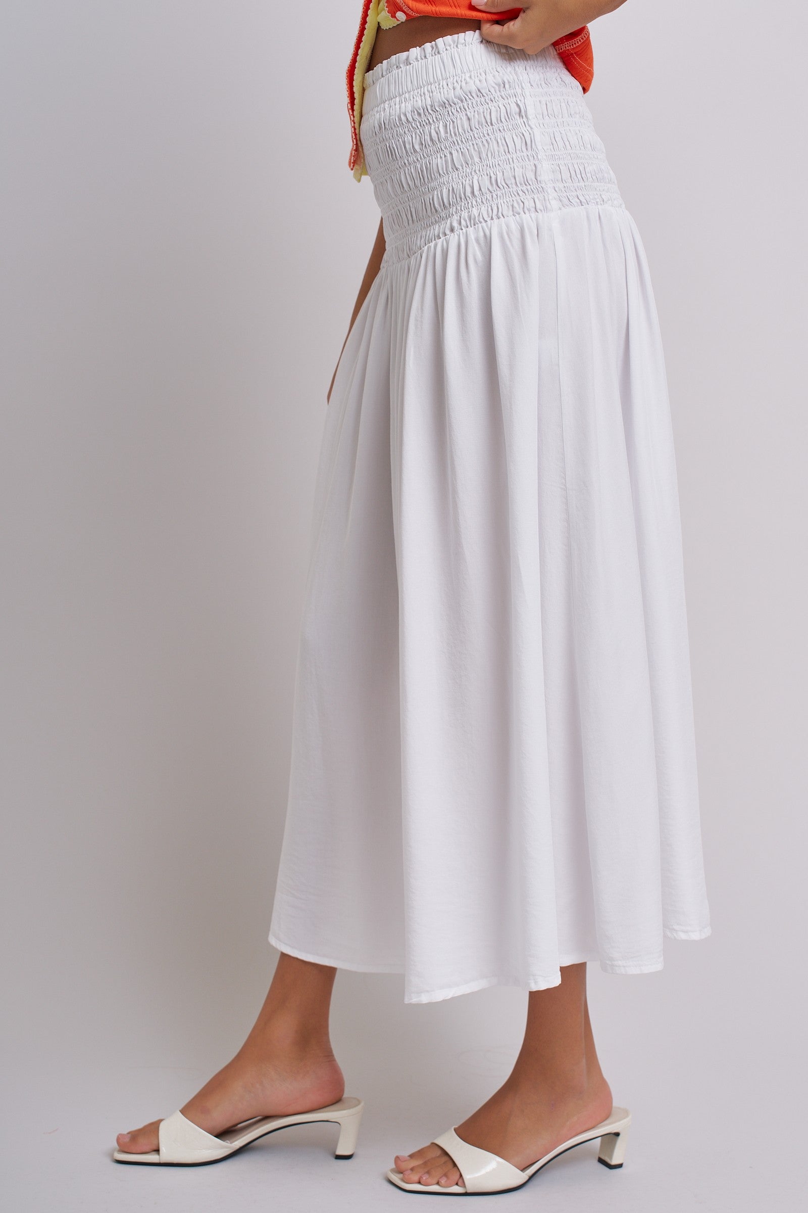 Smocked Chambray Maxi Skirt With High Waistband in White - Women's Skirts | Urban Daizy