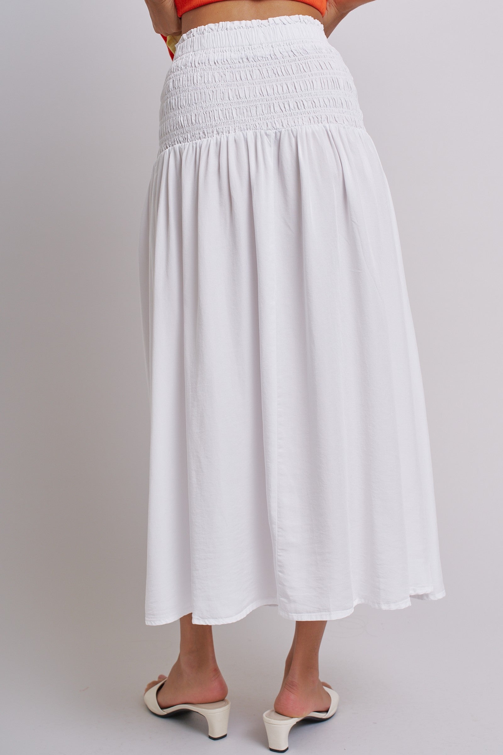 Smocked Chambray Maxi Skirt With High Waistband in White - Women's Skirts | Urban Daizy