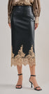 Faux Leather Midi Skirt with Lace Hem in Black - Women's Midi Skirts | Urban Daizy