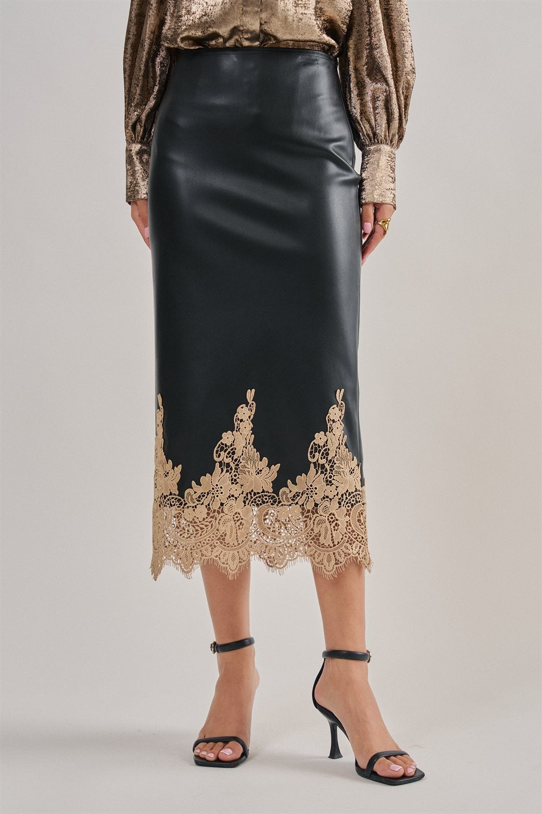 Faux Leather Midi Skirt with Lace Hem in Black - Women's Midi Skirts | Urban Daizy