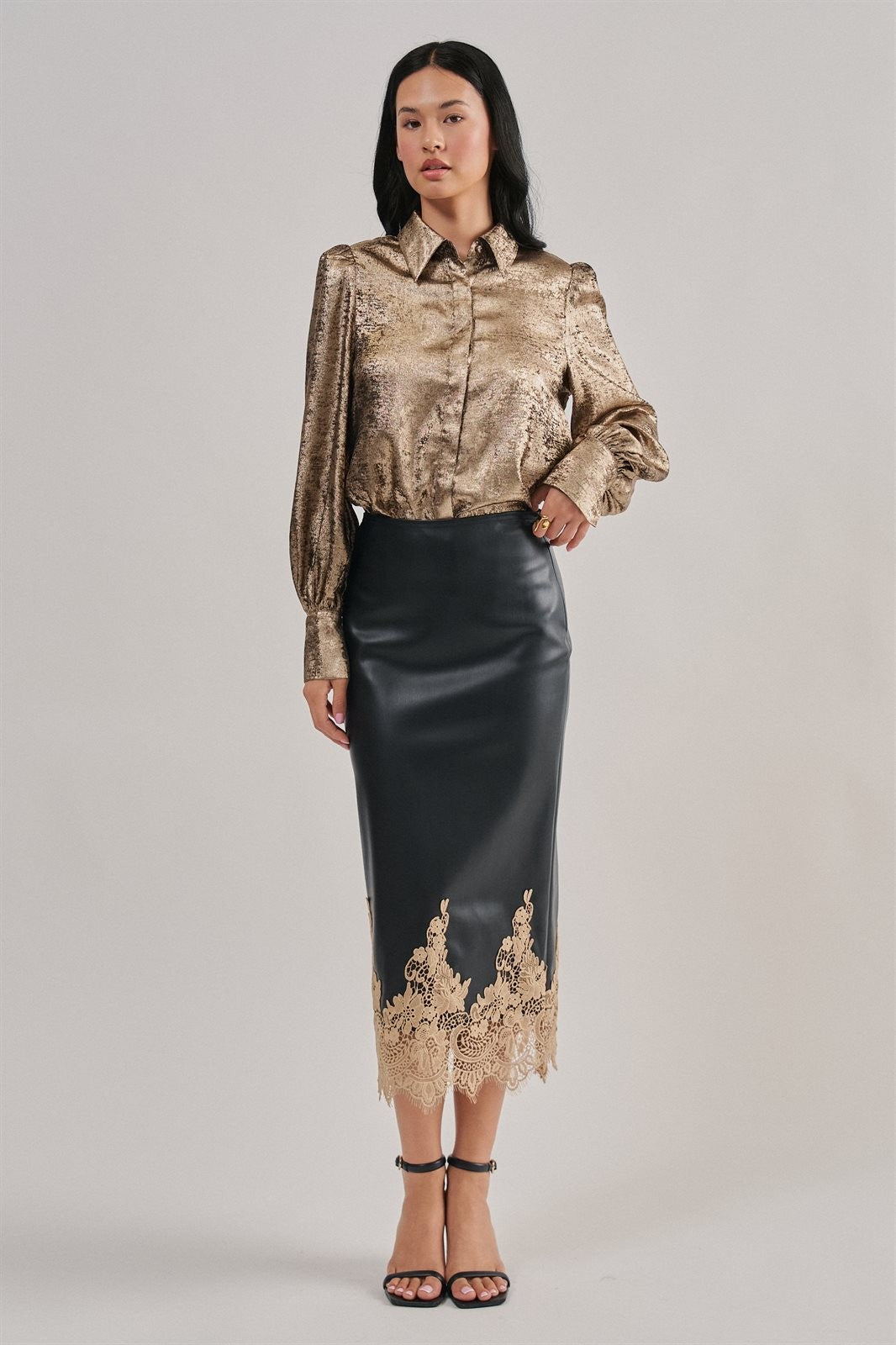 Faux Leather Midi Skirt with Lace Hem in Black - Women's Midi Skirts | Urban Daizy